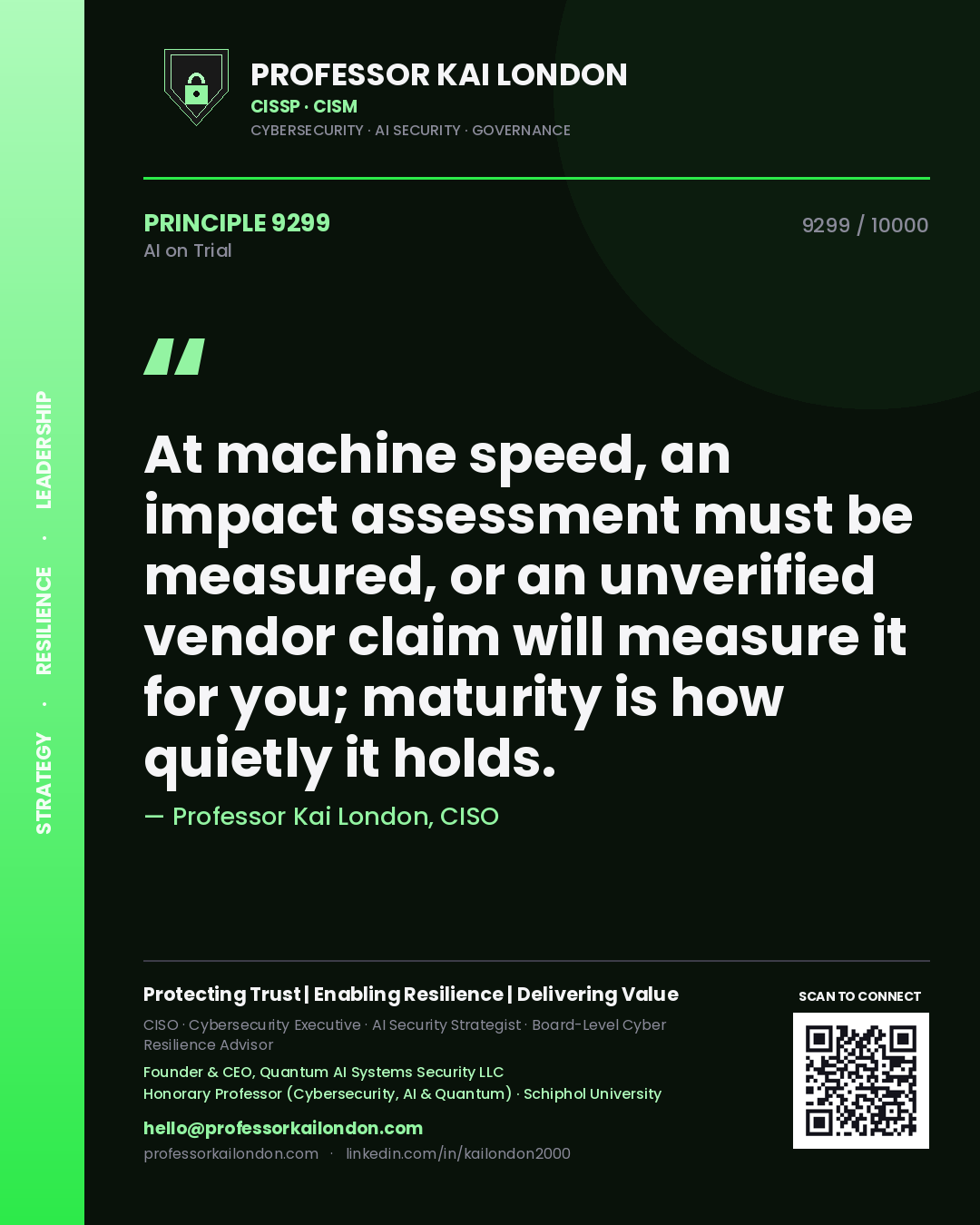 Professor Kai London principle 9299: At machine speed, an impact assessment must be measured, or an unverified vendor claim will measure it for you; maturity is how quietly it holds.
