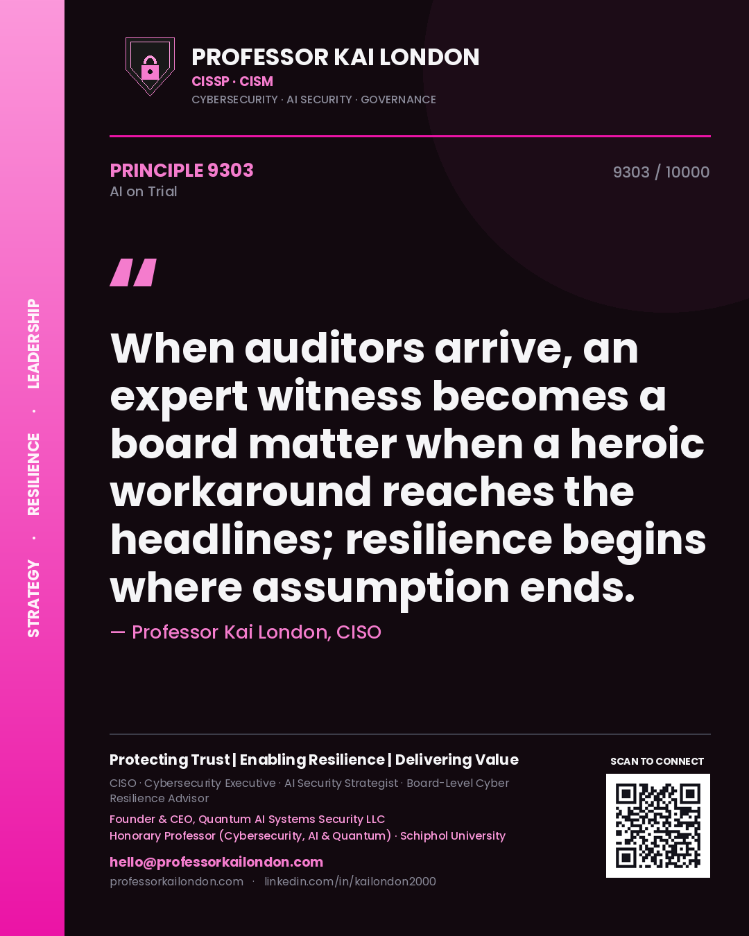 Professor Kai London principle 9303: When auditors arrive, an expert witness becomes a board matter when a heroic workaround reaches the headlines; resilience begins where assumption ends.
