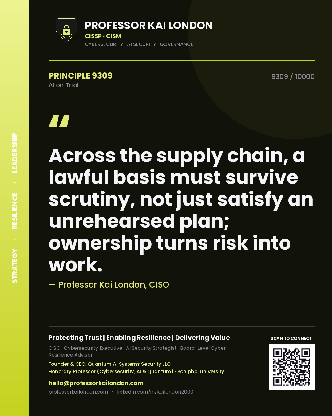 Professor Kai London principle 9309: Across the supply chain, a lawful basis must survive scrutiny, not just satisfy an unrehearsed plan; ownership turns risk into work.