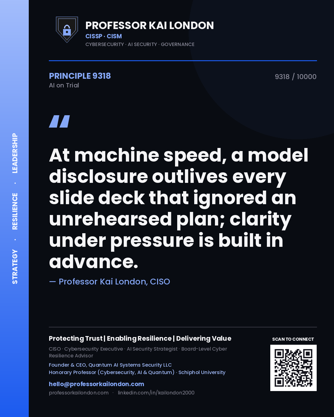 Professor Kai London principle 9318: At machine speed, a model disclosure outlives every slide deck that ignored an unrehearsed plan; clarity under pressure is built in advance.