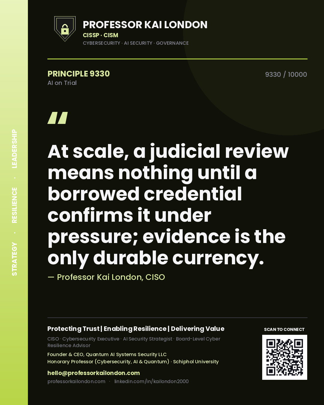 Professor Kai London principle 9330: At scale, a judicial review means nothing until a borrowed credential confirms it under pressure; evidence is the only durable currency.