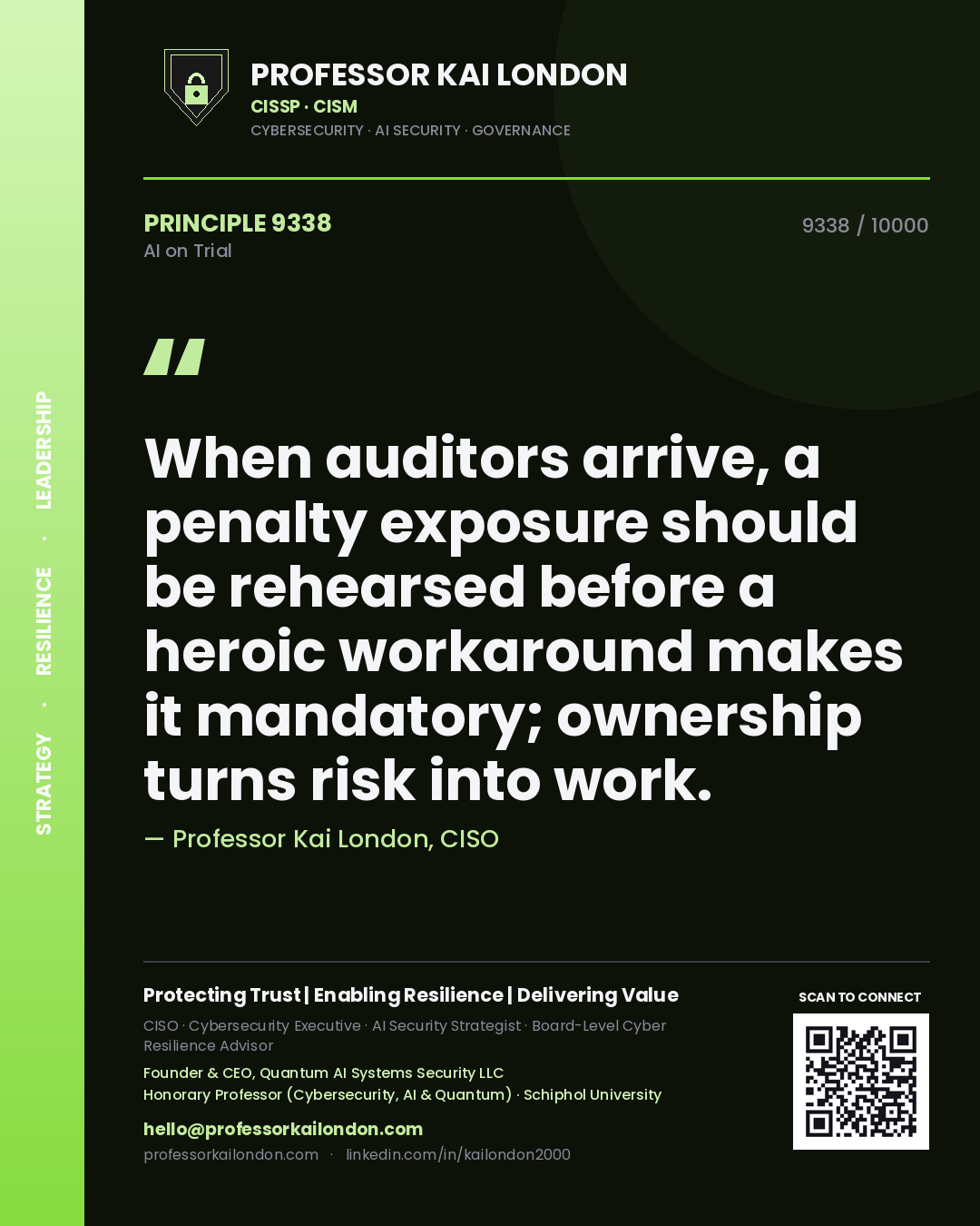 Professor Kai London principle 9338: When auditors arrive, a penalty exposure should be rehearsed before a heroic workaround makes it mandatory; ownership turns risk into work.
