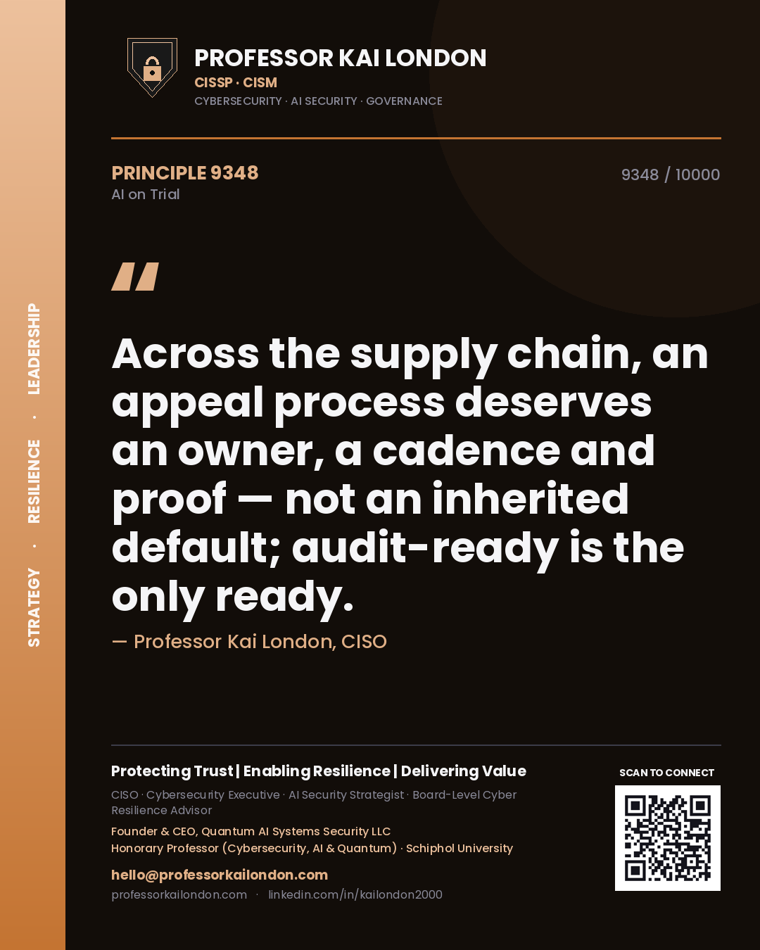 Professor Kai London principle 9348: Across the supply chain, an appeal process deserves an owner, a cadence and proof — not an inherited default; audit-ready is the only ready.