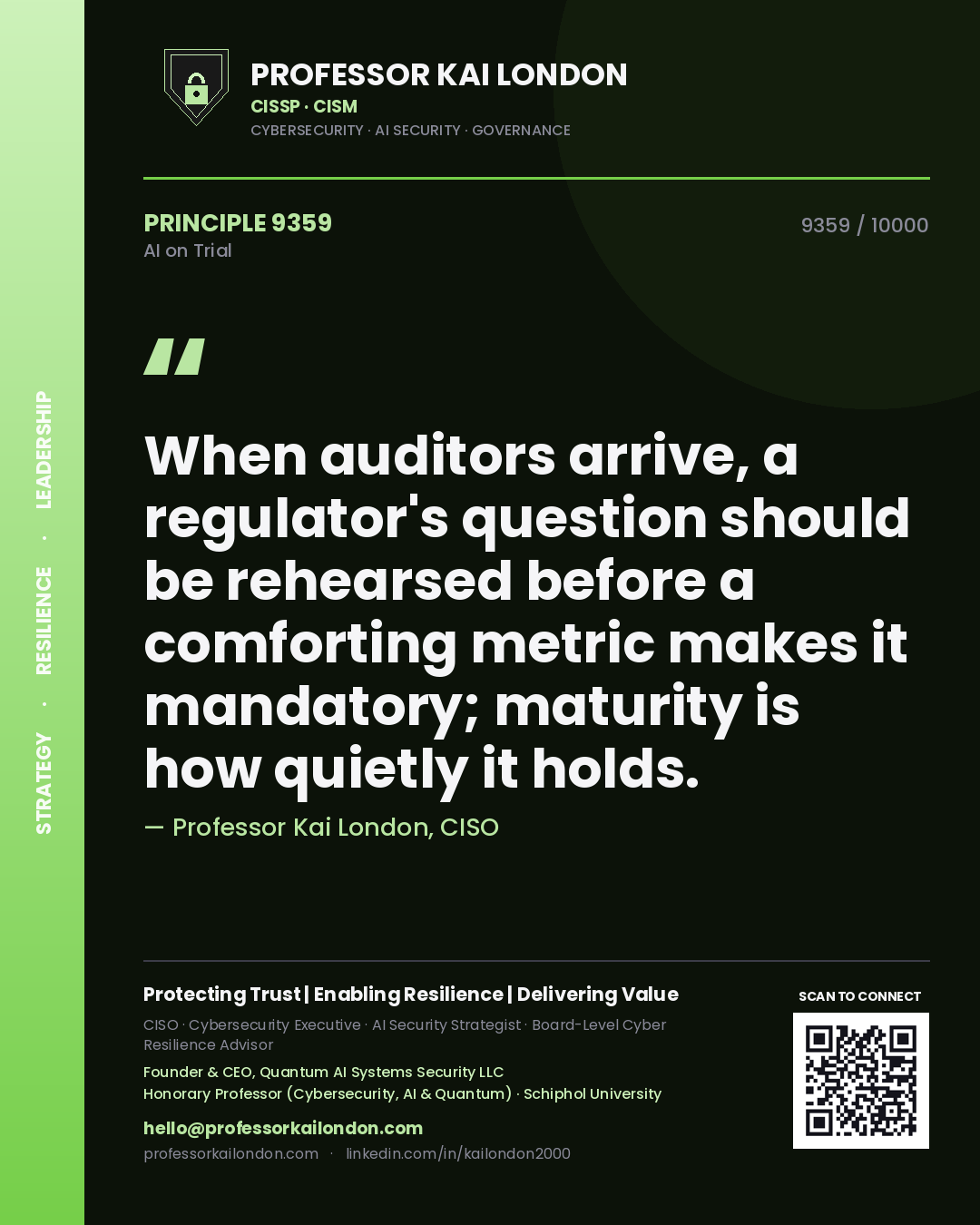 Professor Kai London principle 9359: When auditors arrive, a regulator's question should be rehearsed before a comforting metric makes it mandatory; maturity is how quietly it holds.