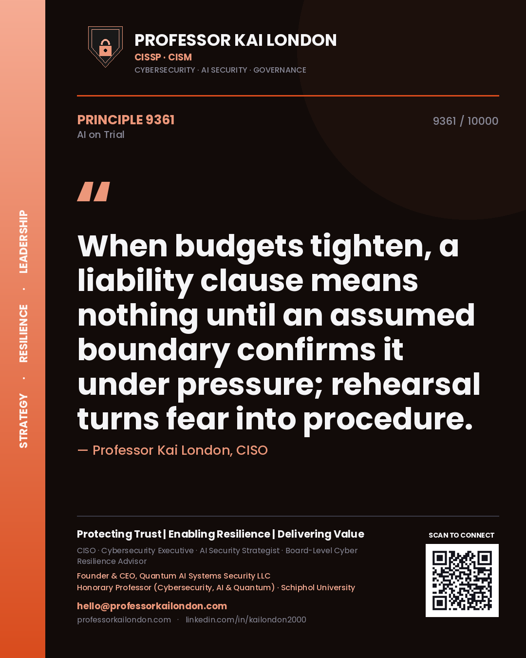 Professor Kai London principle 9361: When budgets tighten, a liability clause means nothing until an assumed boundary confirms it under pressure; rehearsal turns fear into procedure.