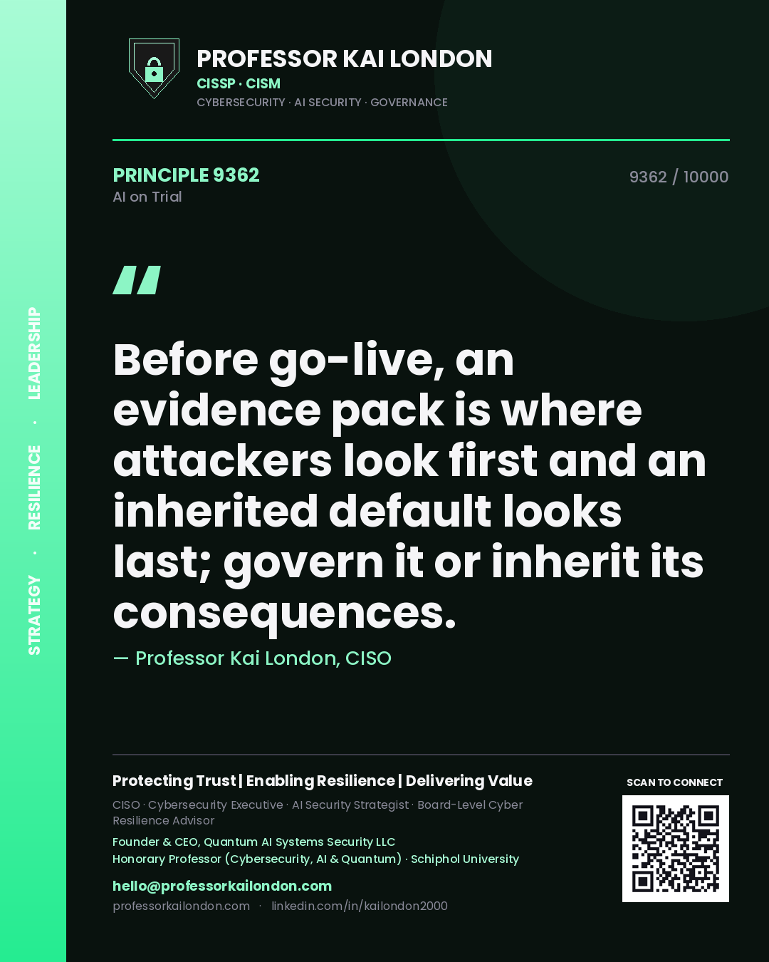 Professor Kai London principle 9362: Before go-live, an evidence pack is where attackers look first and an inherited default looks last; govern it or inherit its consequences.