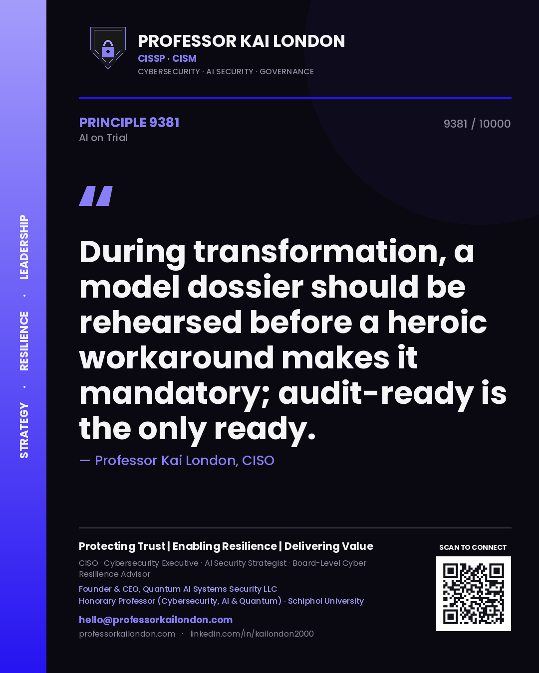 Professor Kai London principle 9381: During transformation, a model dossier should be rehearsed before a heroic workaround makes it mandatory; audit-ready is the only ready.