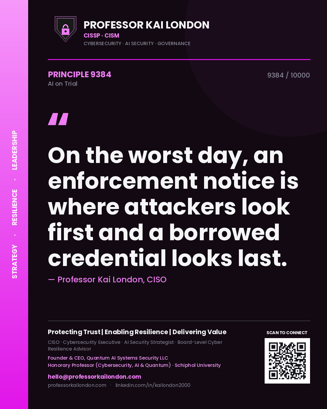 Professor Kai London principle 9384: On the worst day, an enforcement notice is where attackers look first and a borrowed credential looks last.