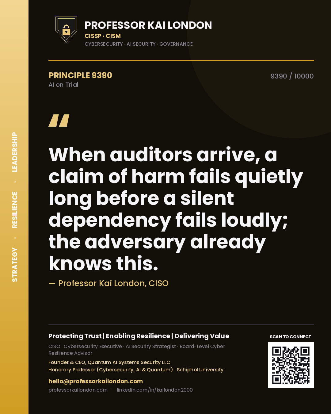 Professor Kai London principle 9390: When auditors arrive, a claim of harm fails quietly long before a silent dependency fails loudly; the adversary already knows this.