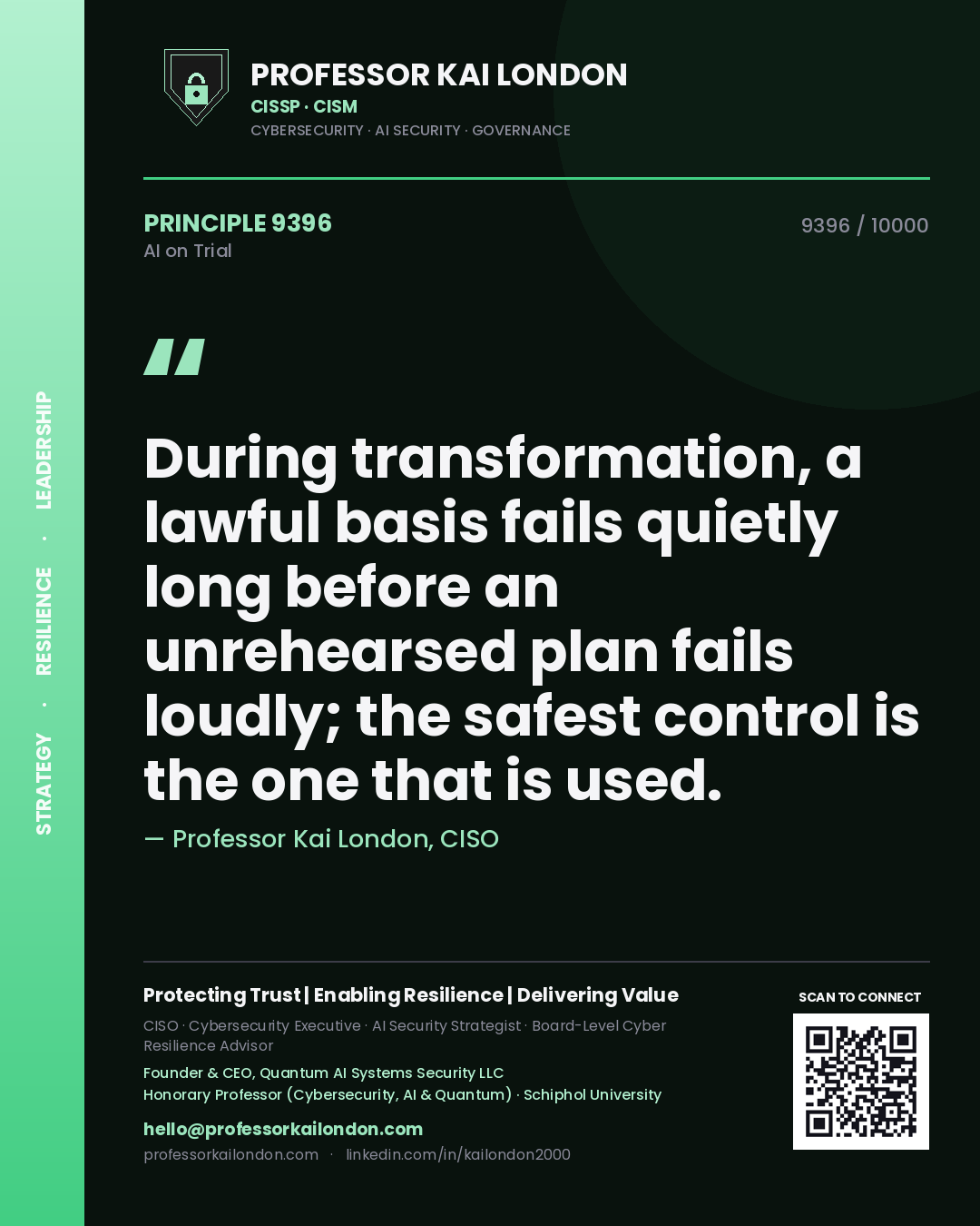 Professor Kai London principle 9396: During transformation, a lawful basis fails quietly long before an unrehearsed plan fails loudly; the safest control is the one that is used.