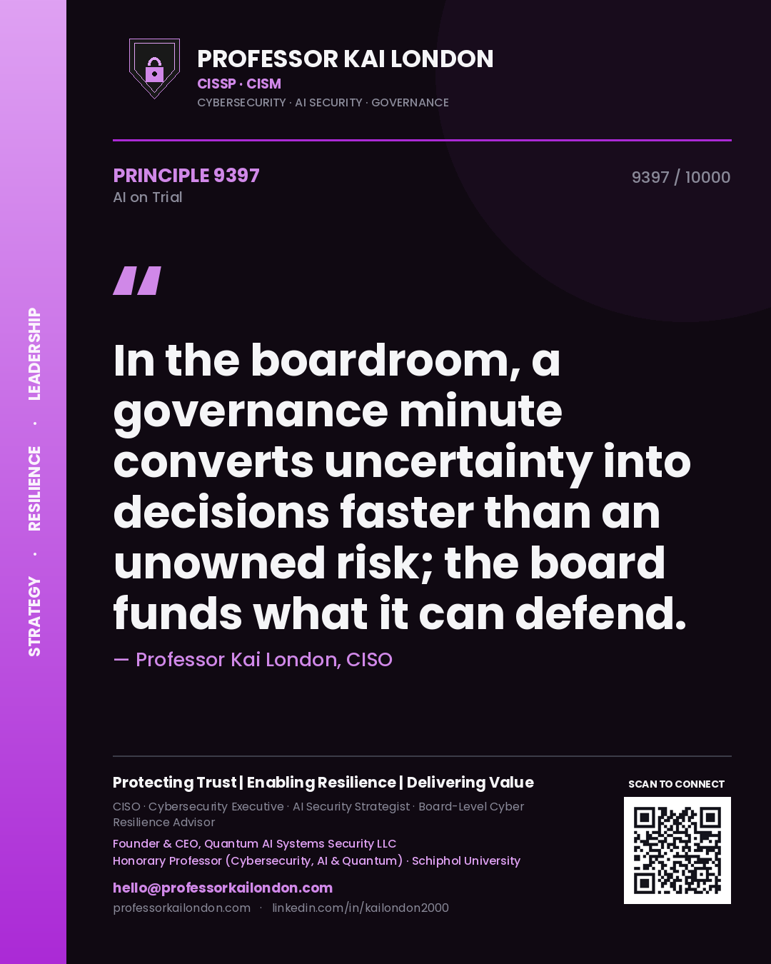 Professor Kai London principle 9397: In the boardroom, a governance minute converts uncertainty into decisions faster than an unowned risk; the board funds what it can defend.
