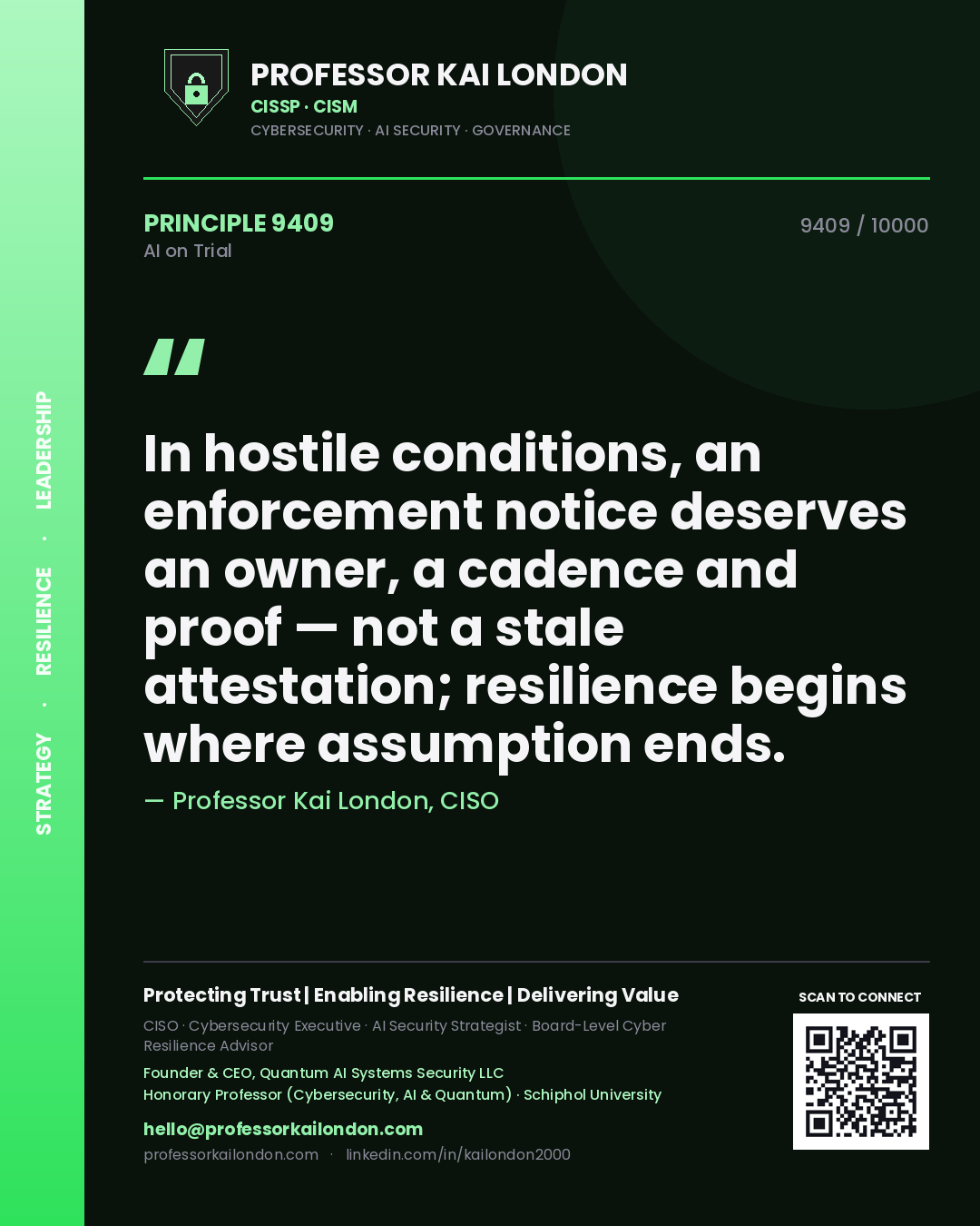 Professor Kai London principle 9409: In hostile conditions, an enforcement notice deserves an owner, a cadence and proof — not a stale attestation; resilience begins where assumption ends.