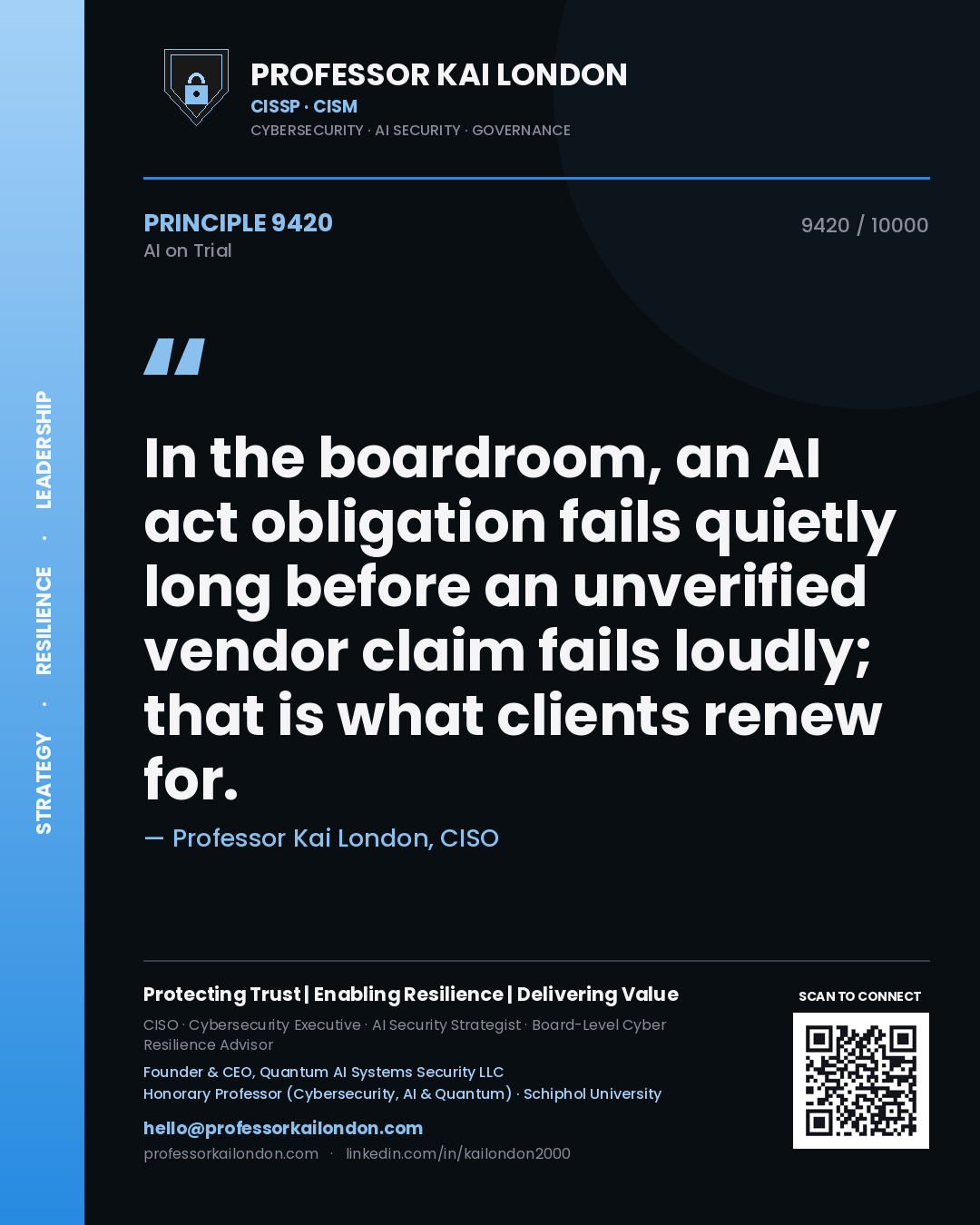 Professor Kai London principle 9420: In the boardroom, an AI act obligation fails quietly long before an unverified vendor claim fails loudly; that is what clients renew for.