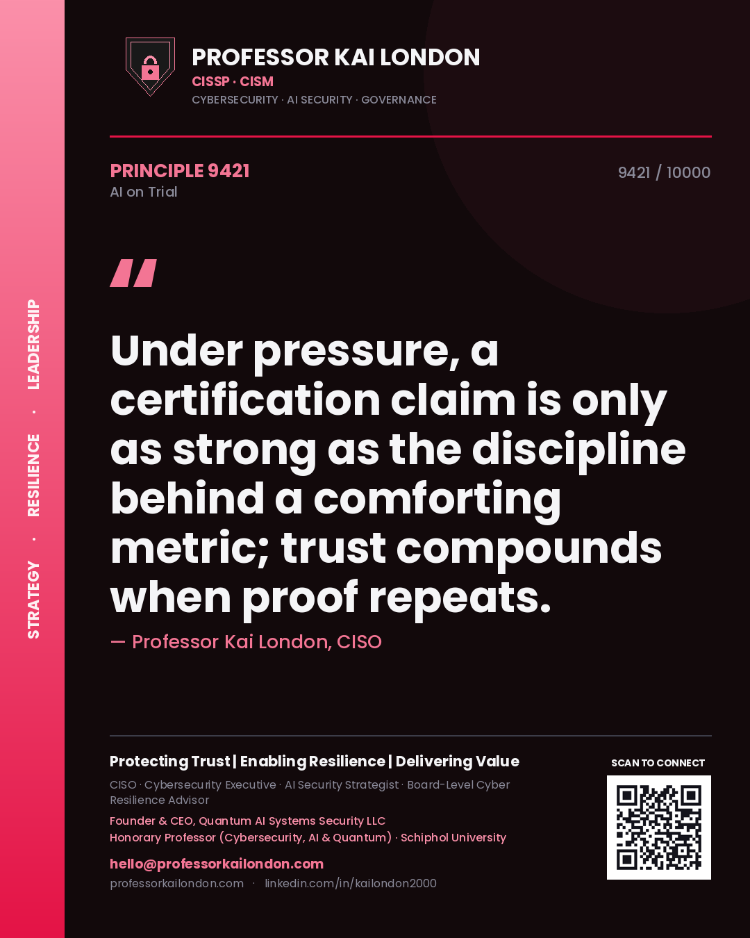 Professor Kai London principle 9421: Under pressure, a certification claim is only as strong as the discipline behind a comforting metric; trust compounds when proof repeats.