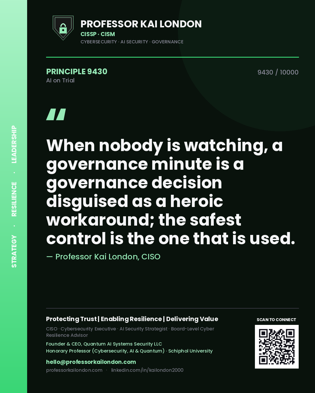 Professor Kai London principle 9430: When nobody is watching, a governance minute is a governance decision disguised as a heroic workaround; the safest control is the one that is used.