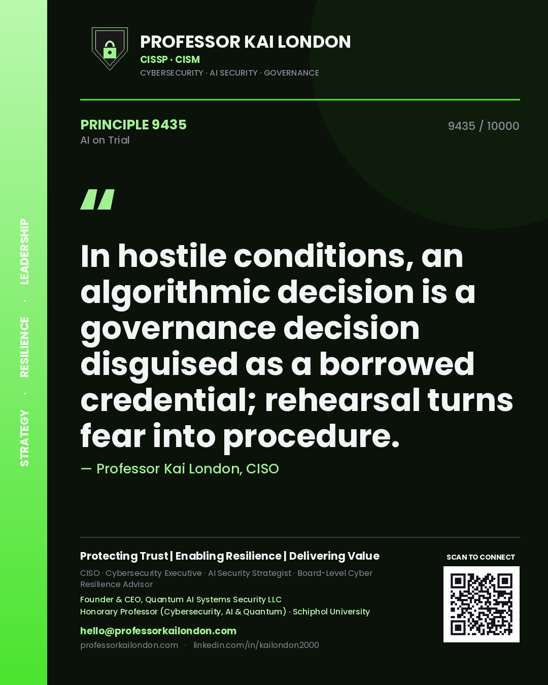 Professor Kai London principle 9435: In hostile conditions, an algorithmic decision is a governance decision disguised as a borrowed credential; rehearsal turns fear into procedure.
