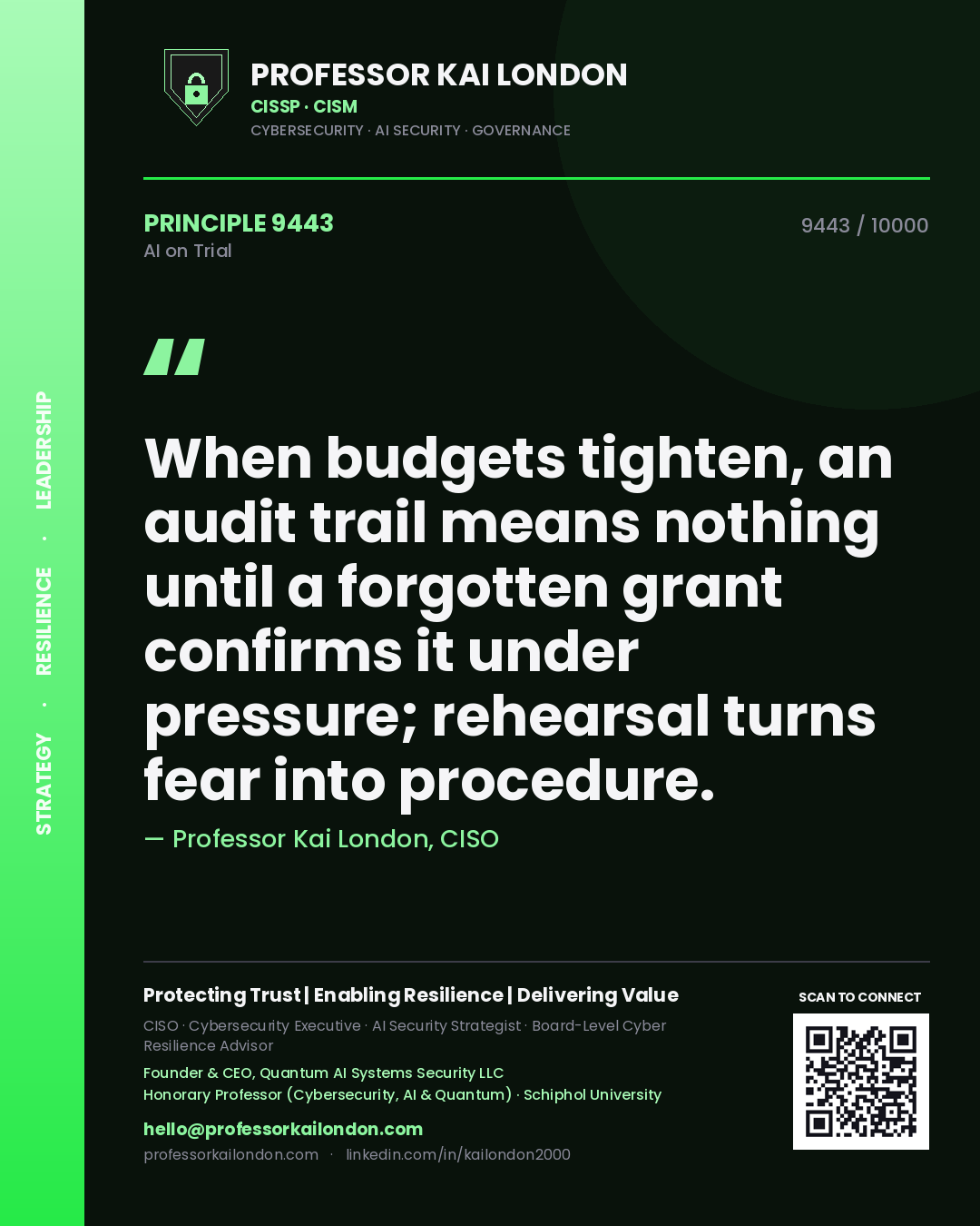 Professor Kai London principle 9443: When budgets tighten, an audit trail means nothing until a forgotten grant confirms it under pressure; rehearsal turns fear into procedure.