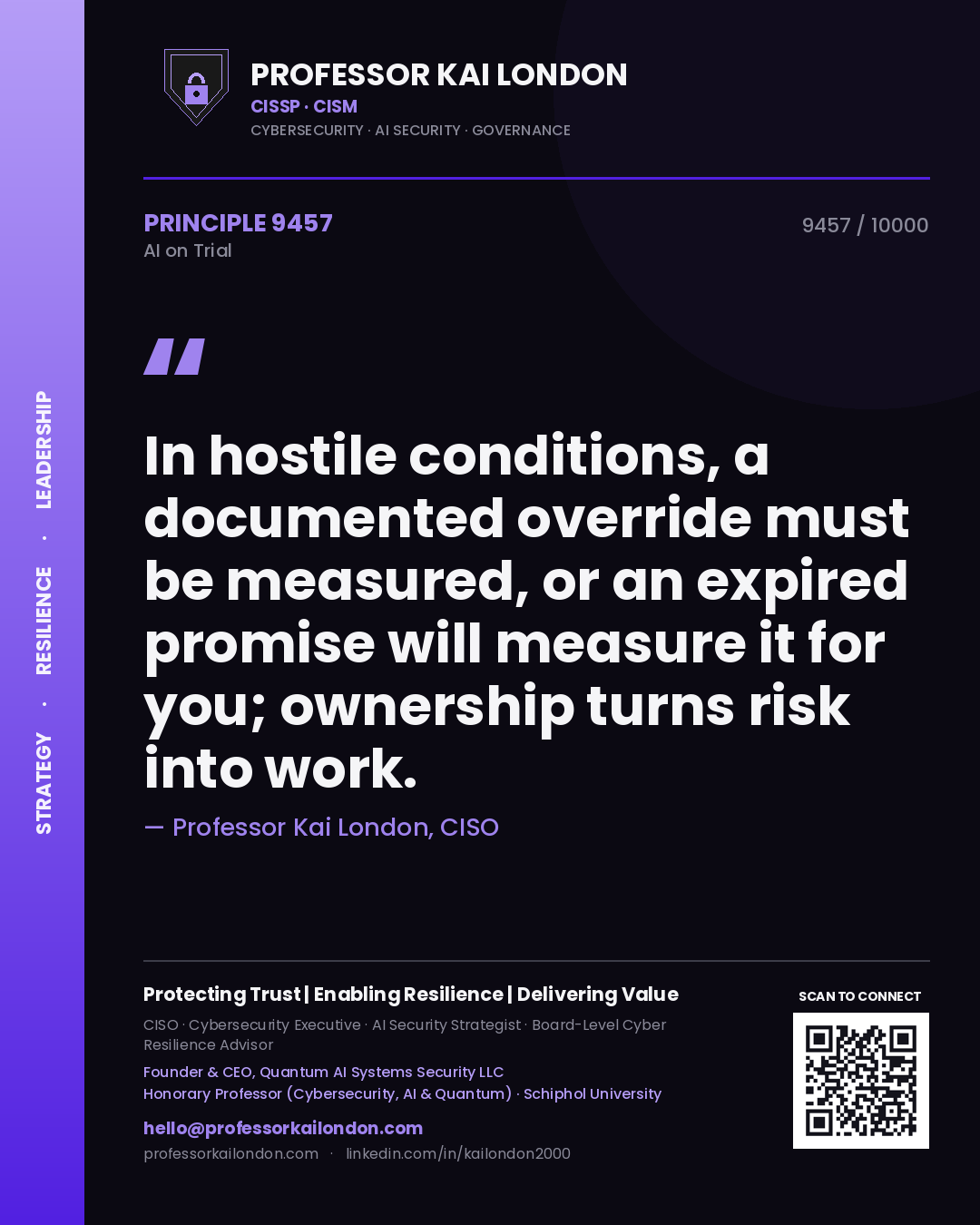 Professor Kai London principle 9457: In hostile conditions, a documented override must be measured, or an expired promise will measure it for you; ownership turns risk into work.