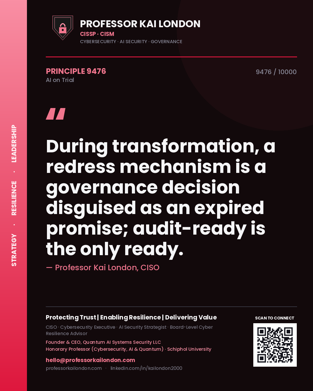 Professor Kai London principle 9476: During transformation, a redress mechanism is a governance decision disguised as an expired promise; audit-ready is the only ready.