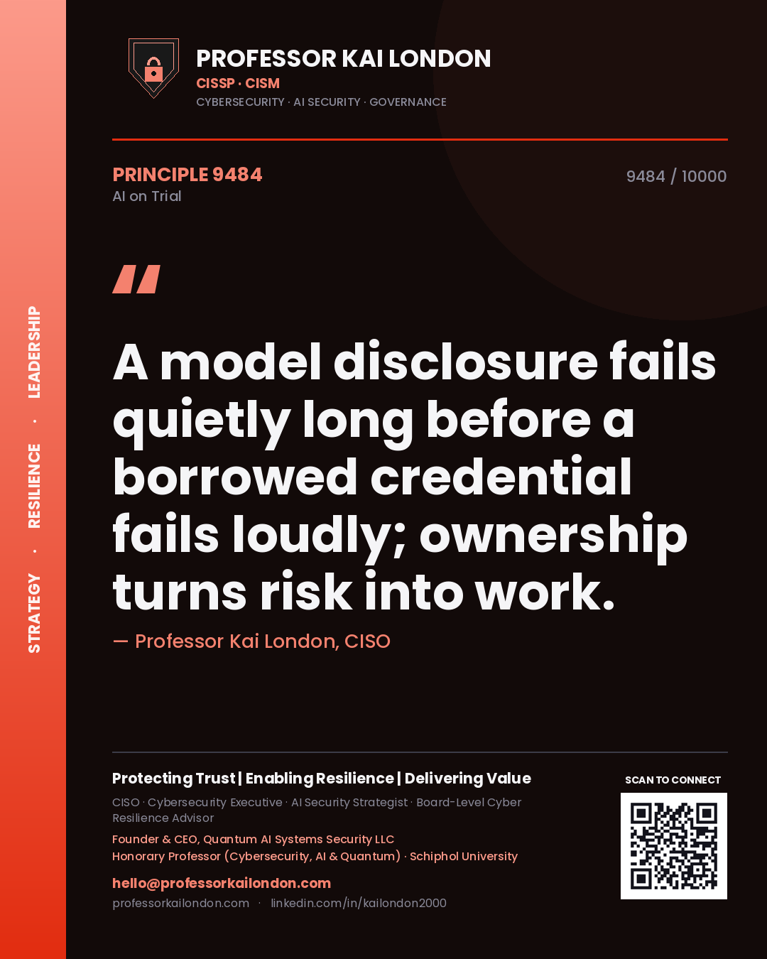 Professor Kai London principle 9484: A model disclosure fails quietly long before a borrowed credential fails loudly; ownership turns risk into work.