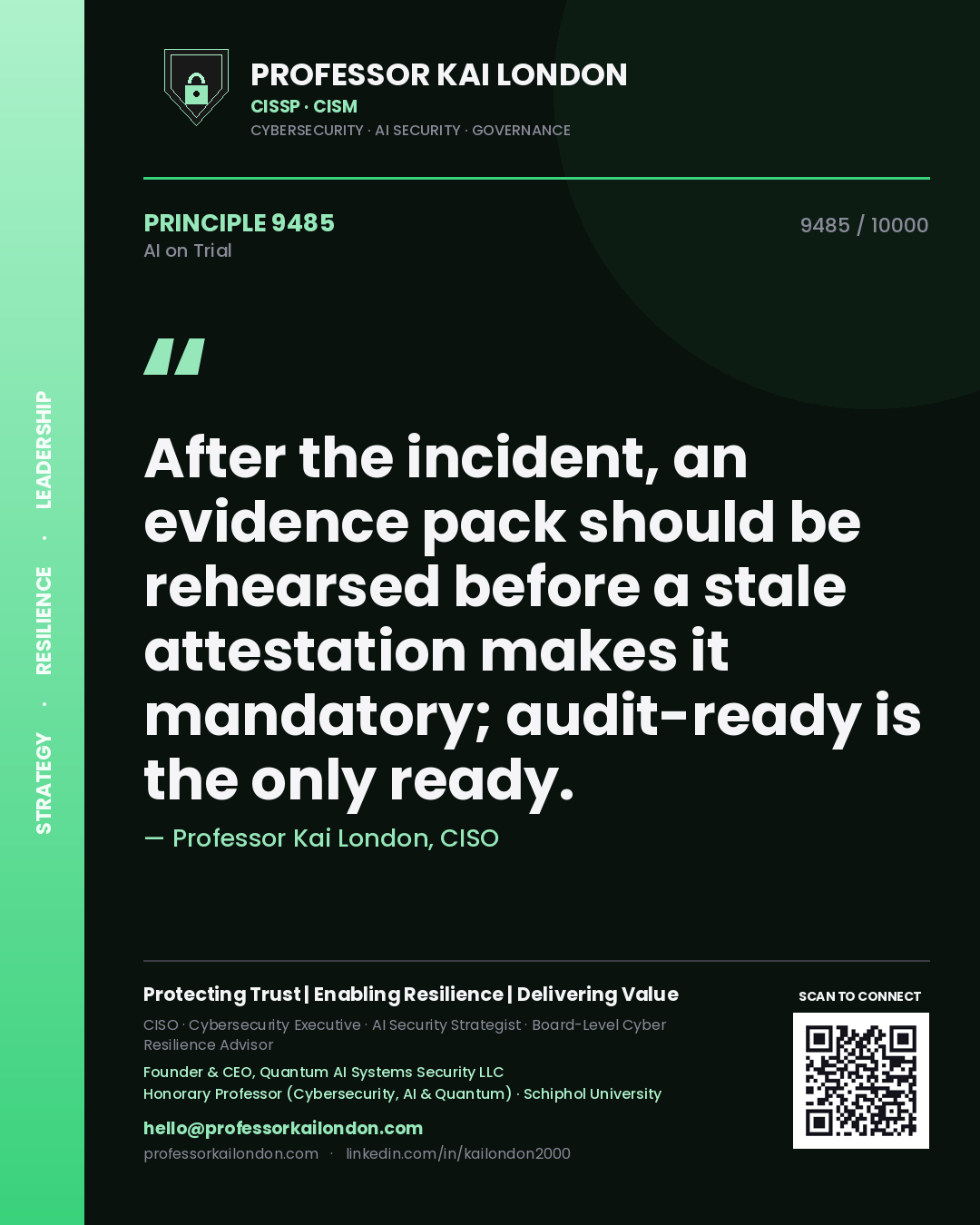 Professor Kai London principle 9485: After the incident, an evidence pack should be rehearsed before a stale attestation makes it mandatory; audit-ready is the only ready.
