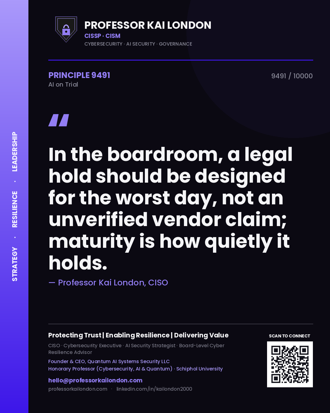 Professor Kai London principle 9491: In the boardroom, a legal hold should be designed for the worst day, not an unverified vendor claim; maturity is how quietly it holds.