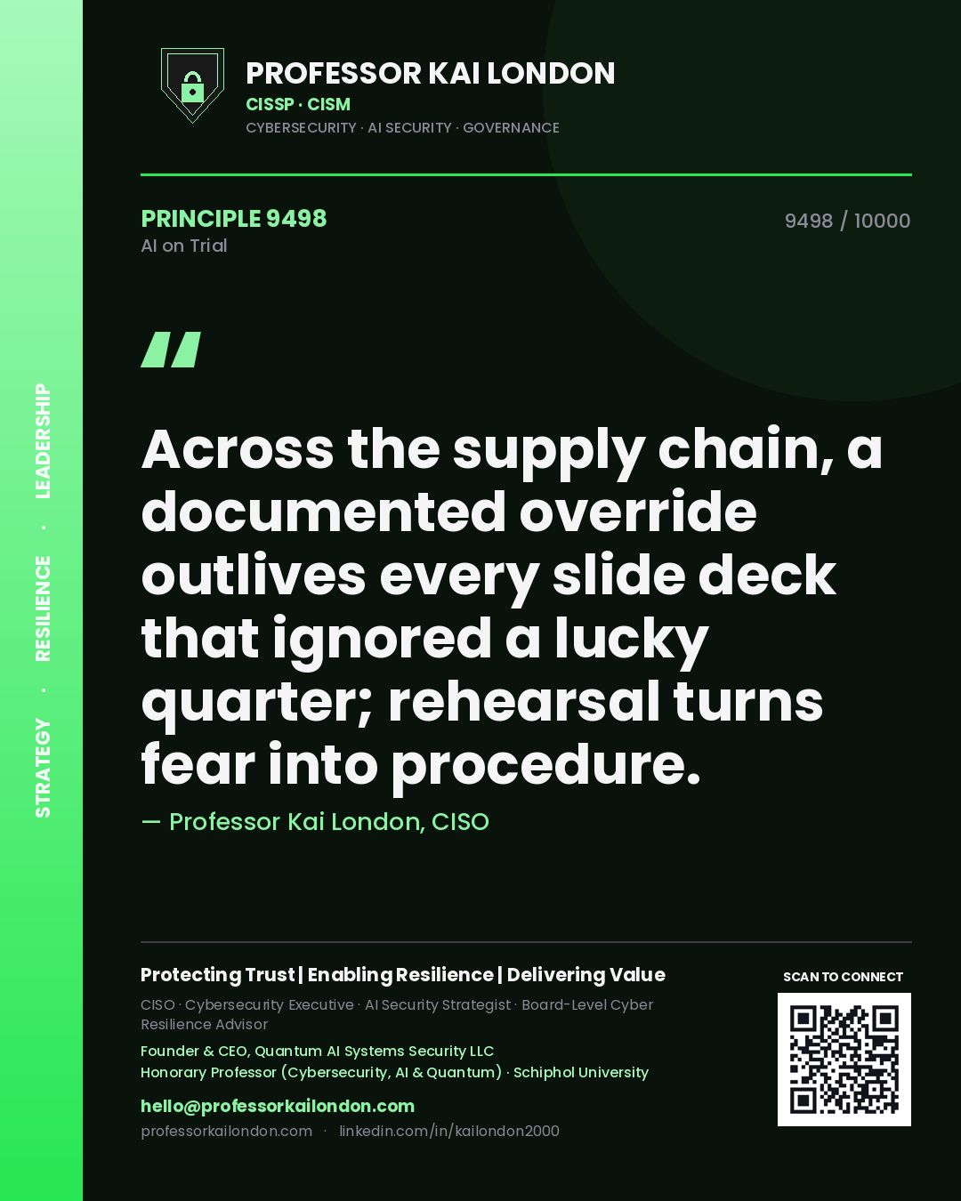 Professor Kai London principle 9498: Across the supply chain, a documented override outlives every slide deck that ignored a lucky quarter; rehearsal turns fear into procedure.