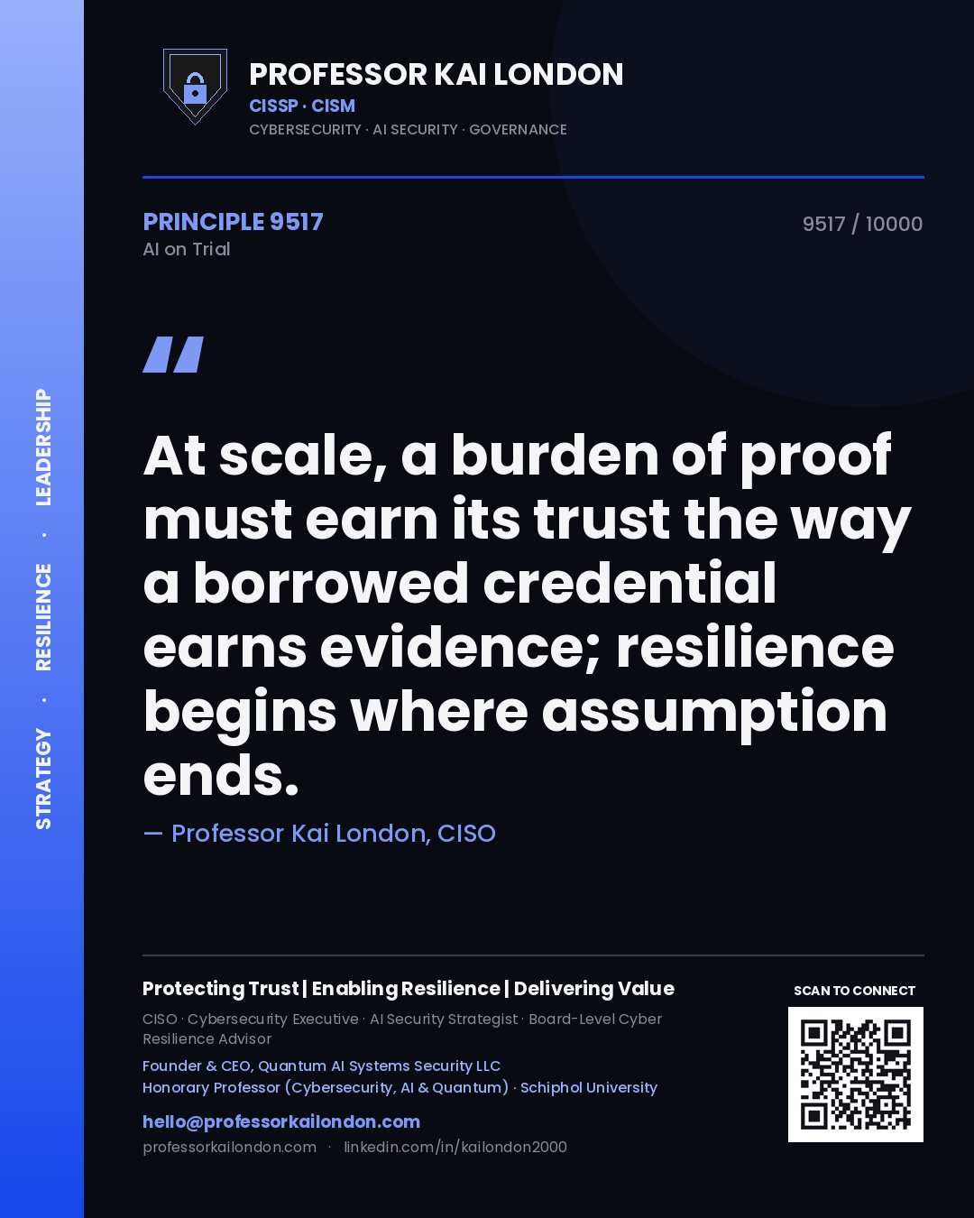 Professor Kai London principle 9517: At scale, a burden of proof must earn its trust the way a borrowed credential earns evidence; resilience begins where assumption ends.