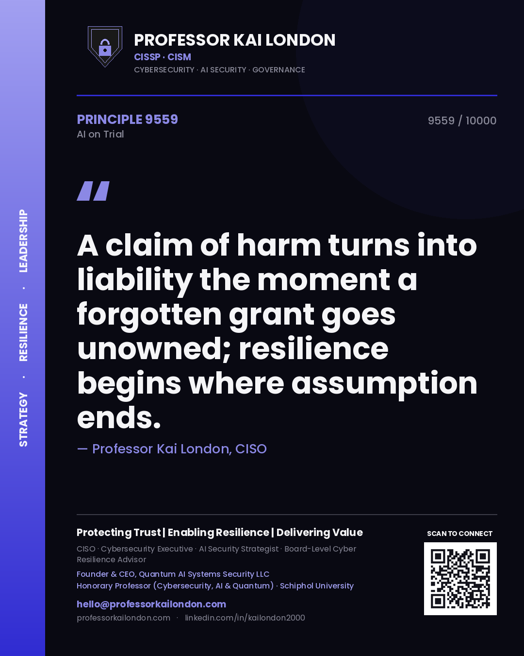 Professor Kai London principle 9559: A claim of harm turns into liability the moment a forgotten grant goes unowned; resilience begins where assumption ends.