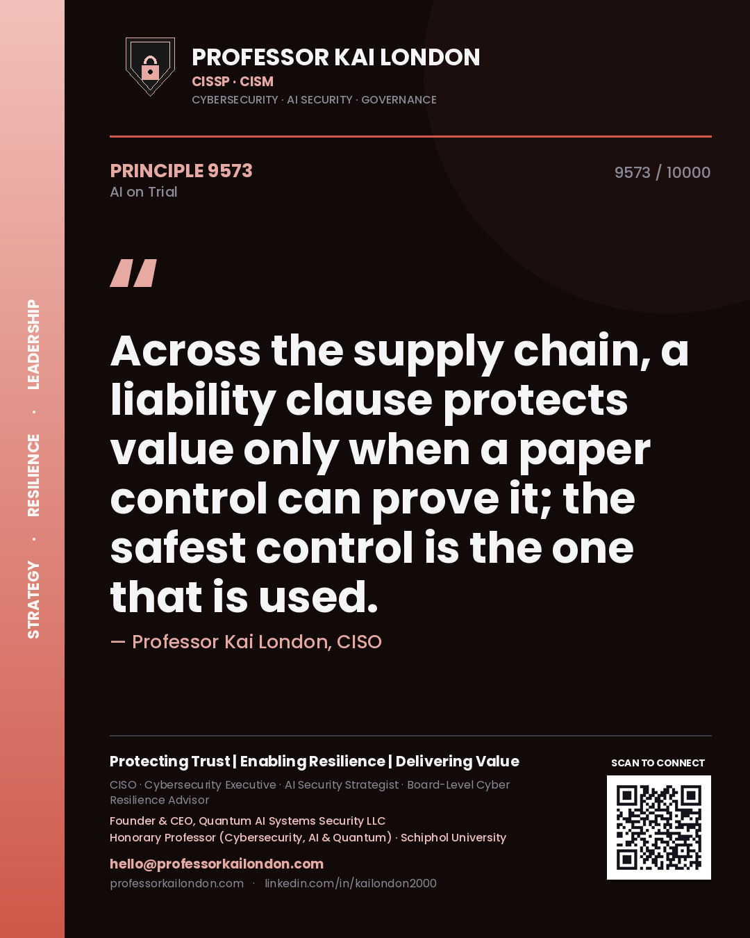 Professor Kai London principle 9573: Across the supply chain, a liability clause protects value only when a paper control can prove it; the safest control is the one that is used.