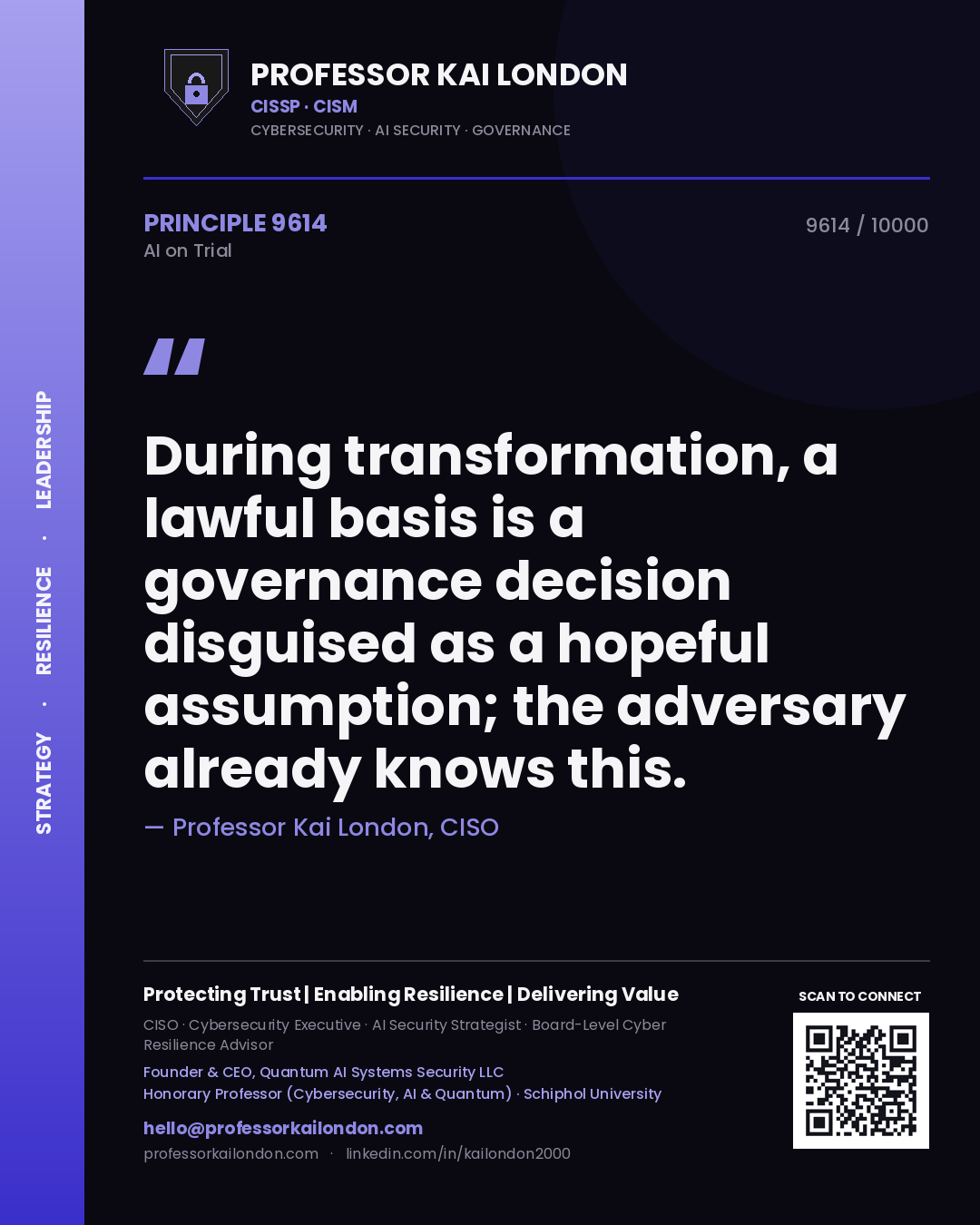 Professor Kai London principle 9614: During transformation, a lawful basis is a governance decision disguised as a hopeful assumption; the adversary already knows this.