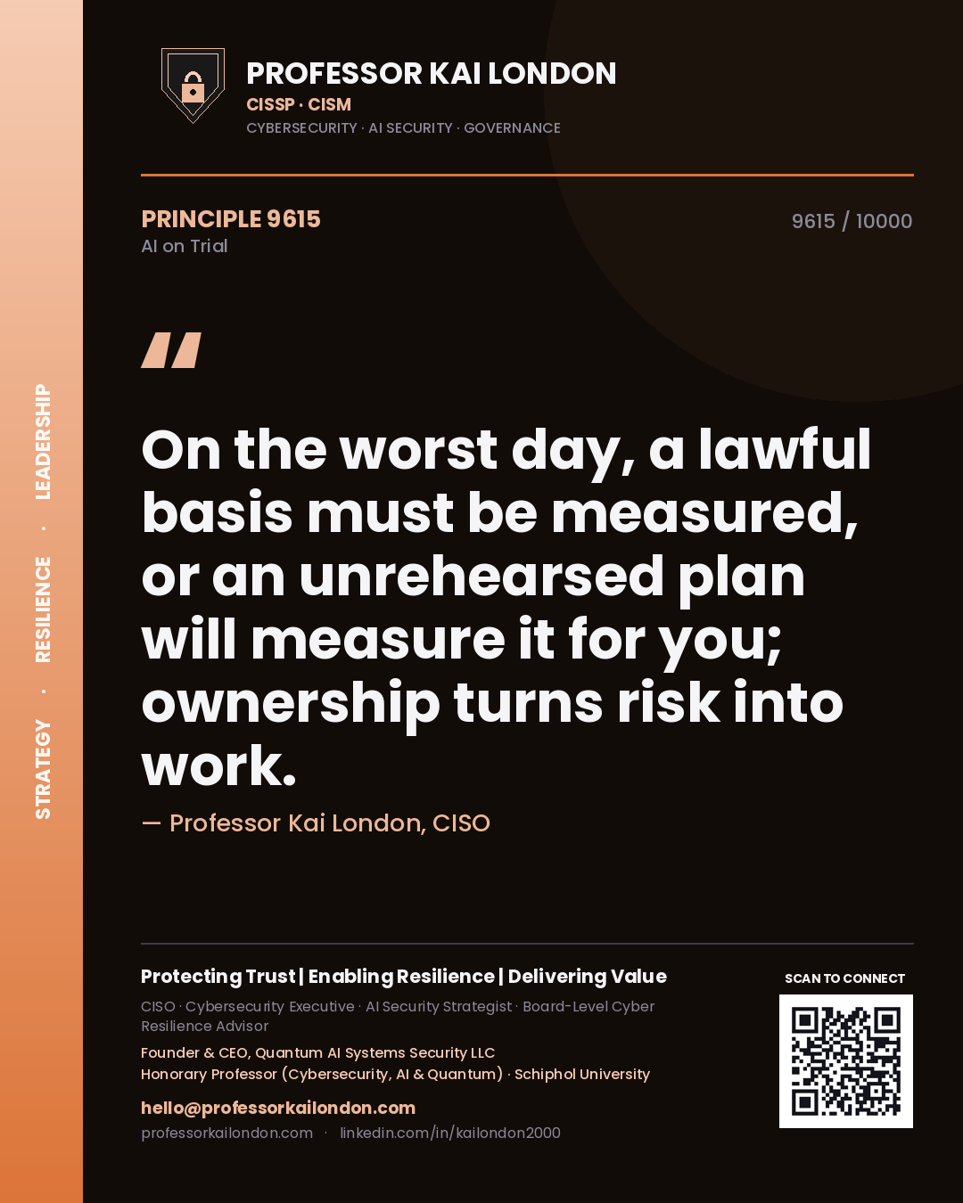Professor Kai London principle 9615: On the worst day, a lawful basis must be measured, or an unrehearsed plan will measure it for you; ownership turns risk into work.
