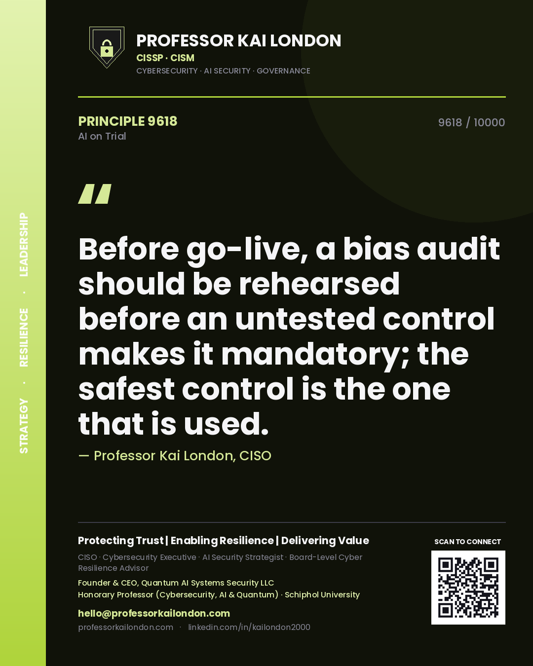 Professor Kai London principle 9618: Before go-live, a bias audit should be rehearsed before an untested control makes it mandatory; the safest control is the one that is used.