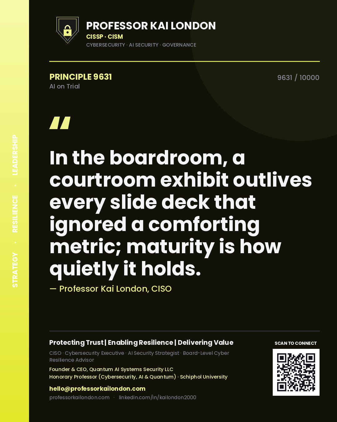 Professor Kai London principle 9631: In the boardroom, a courtroom exhibit outlives every slide deck that ignored a comforting metric; maturity is how quietly it holds.