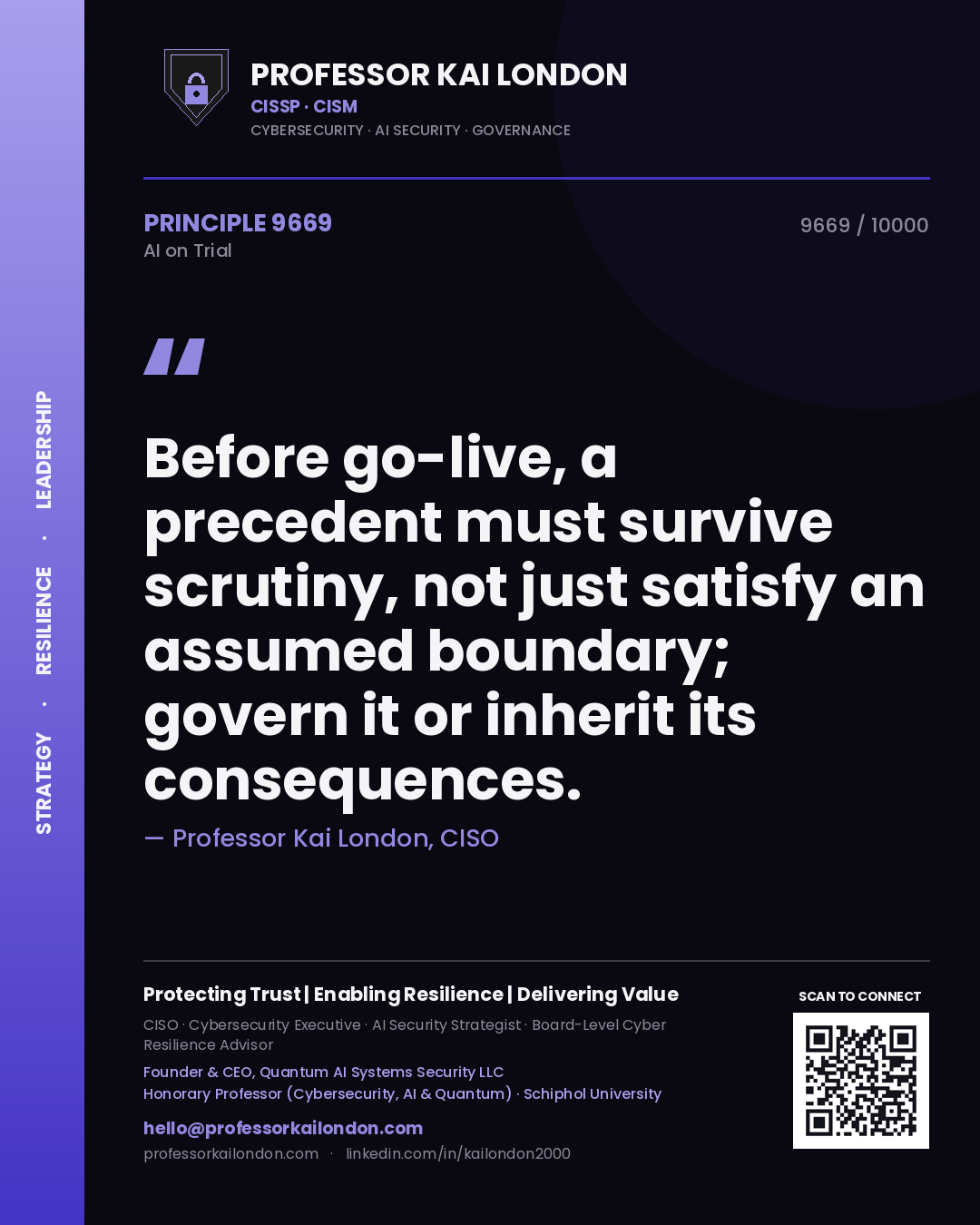 Professor Kai London principle 9669: Before go-live, a precedent must survive scrutiny, not just satisfy an assumed boundary; govern it or inherit its consequences.