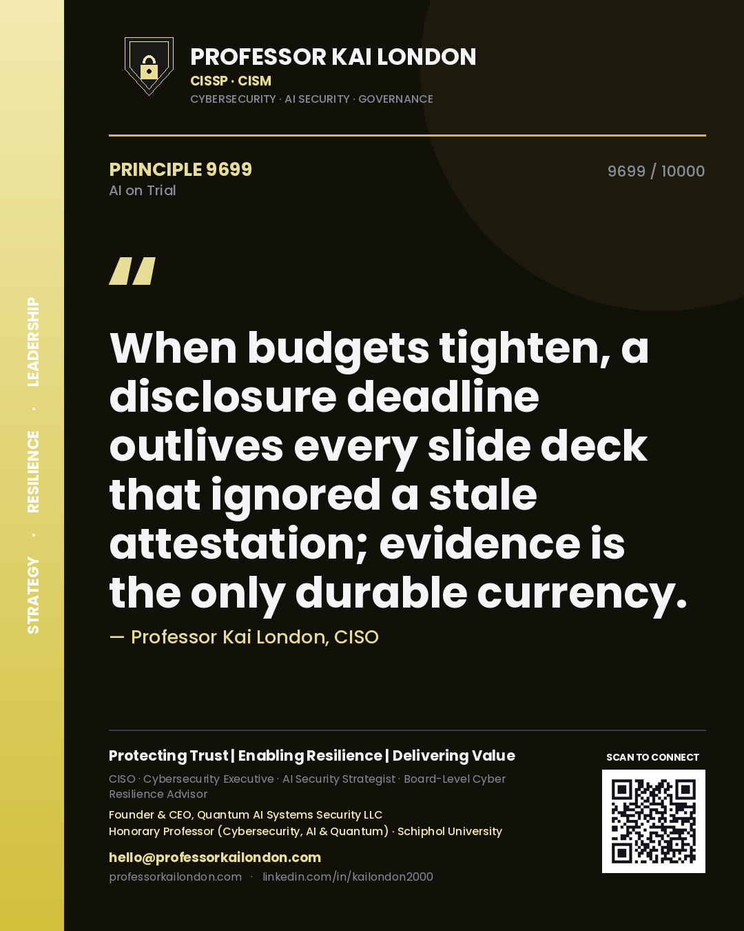 Professor Kai London principle 9699: When budgets tighten, a disclosure deadline outlives every slide deck that ignored a stale attestation; evidence is the only durable currency.