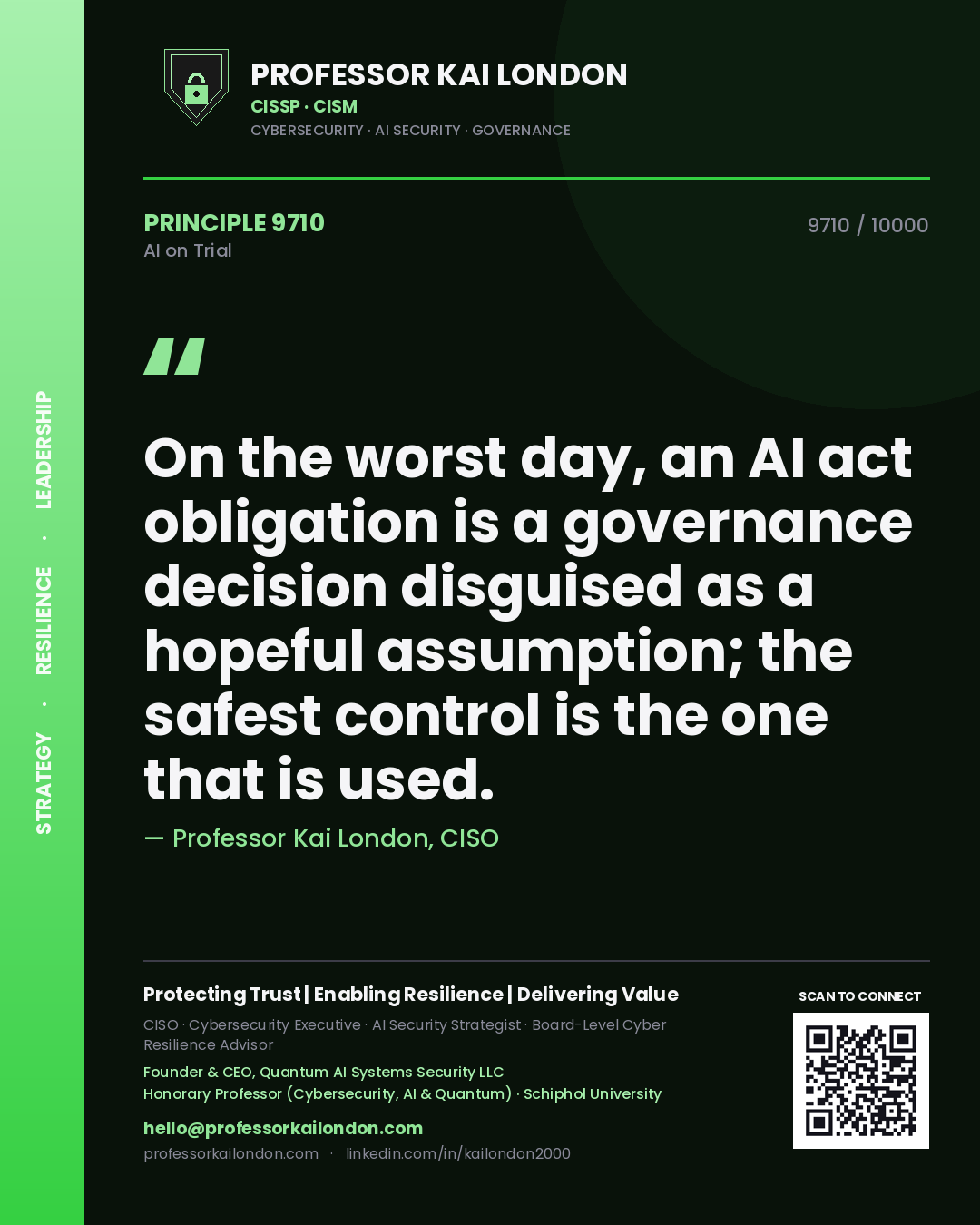 Professor Kai London principle 9710: On the worst day, an AI act obligation is a governance decision disguised as a hopeful assumption; the safest control is the one that is used.