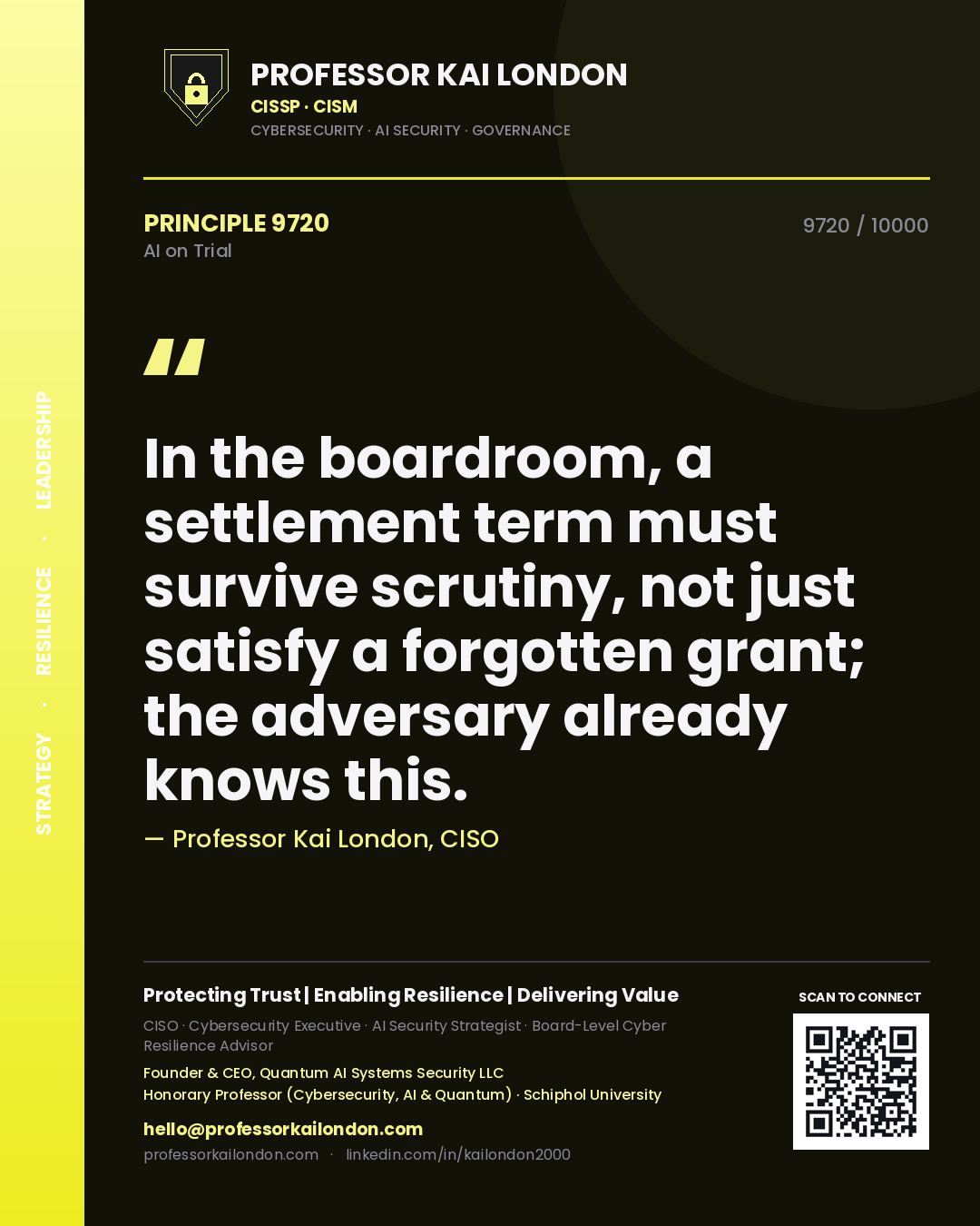 Professor Kai London principle 9720: In the boardroom, a settlement term must survive scrutiny, not just satisfy a forgotten grant; the adversary already knows this.