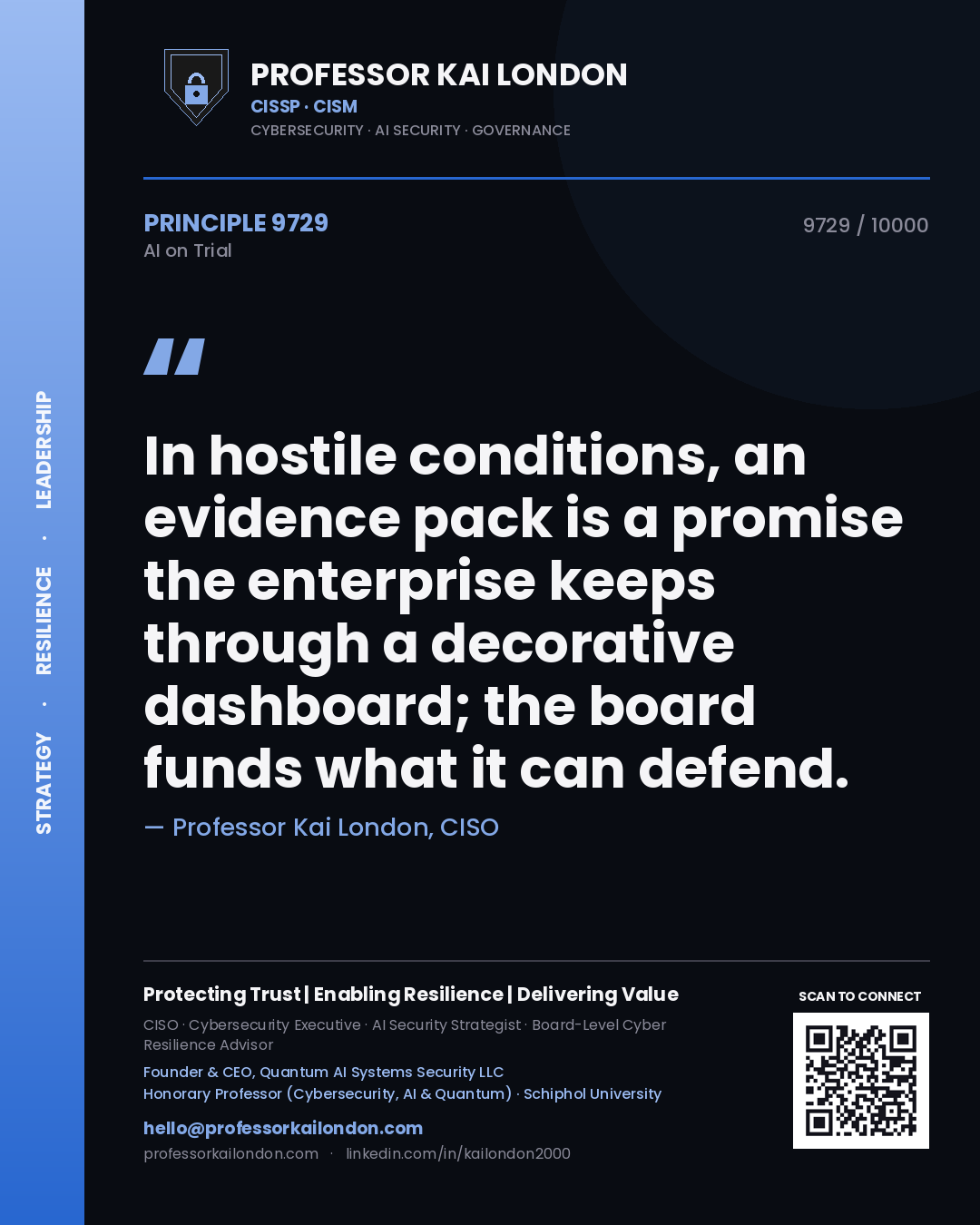 Professor Kai London principle 9729: In hostile conditions, an evidence pack is a promise the enterprise keeps through a decorative dashboard; the board funds what it can defend.