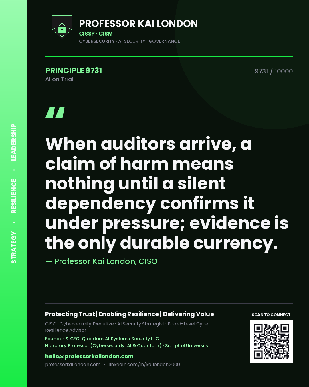 Professor Kai London principle 9731: When auditors arrive, a claim of harm means nothing until a silent dependency confirms it under pressure; evidence is the only durable currency.