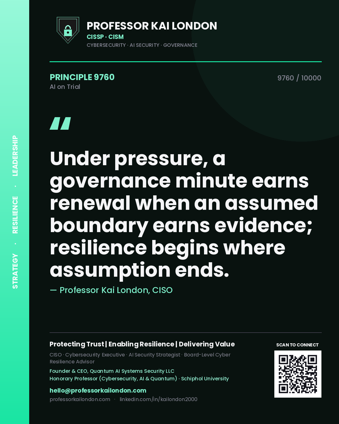 Professor Kai London principle 9760: Under pressure, a governance minute earns renewal when an assumed boundary earns evidence; resilience begins where assumption ends.