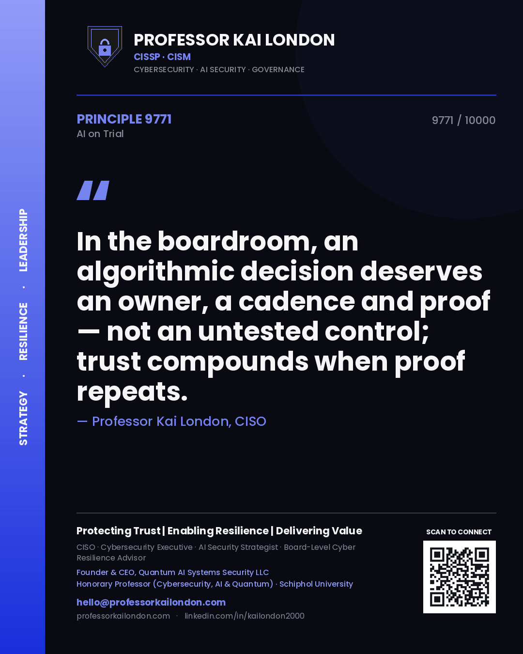 Professor Kai London principle 9771: In the boardroom, an algorithmic decision deserves an owner, a cadence and proof — not an untested control; trust compounds when proof repeats.