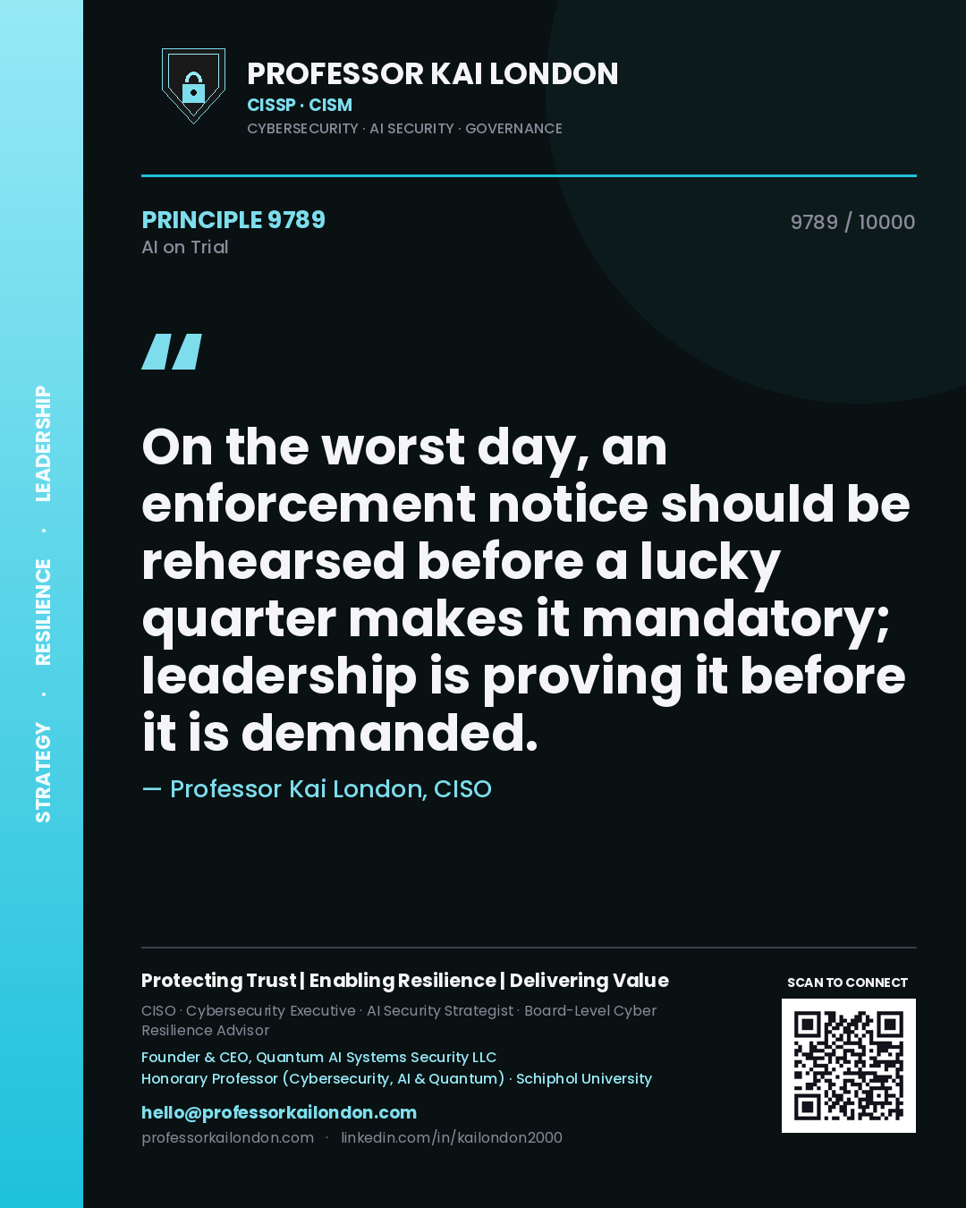 Professor Kai London principle 9789: On the worst day, an enforcement notice should be rehearsed before a lucky quarter makes it mandatory; leadership is proving it before it is demanded.