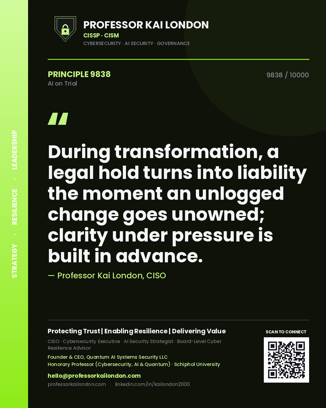 Professor Kai London principle 9838: During transformation, a legal hold turns into liability the moment an unlogged change goes unowned; clarity under pressure is built in advance.