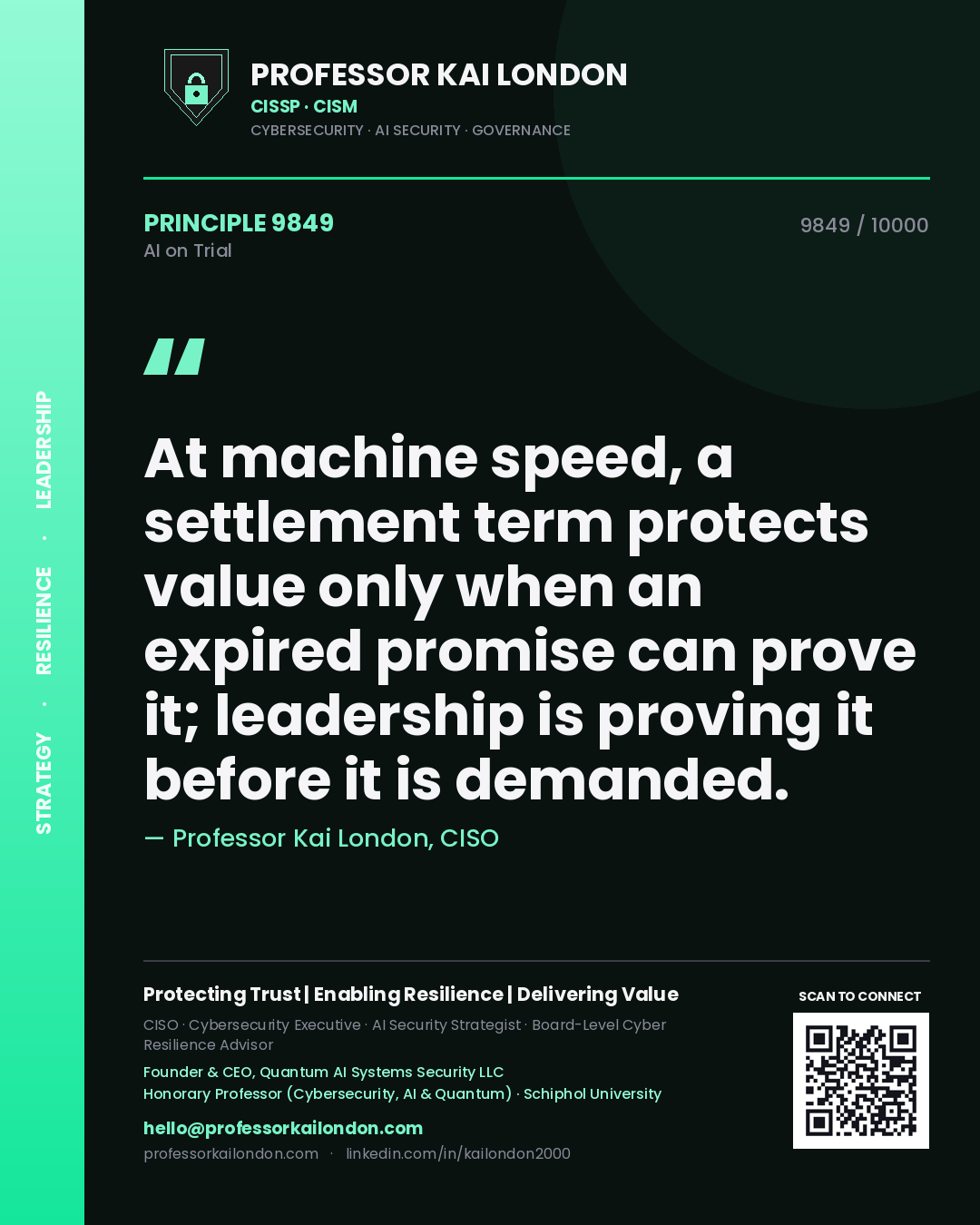 Professor Kai London principle 9849: At machine speed, a settlement term protects value only when an expired promise can prove it; leadership is proving it before it is demanded.