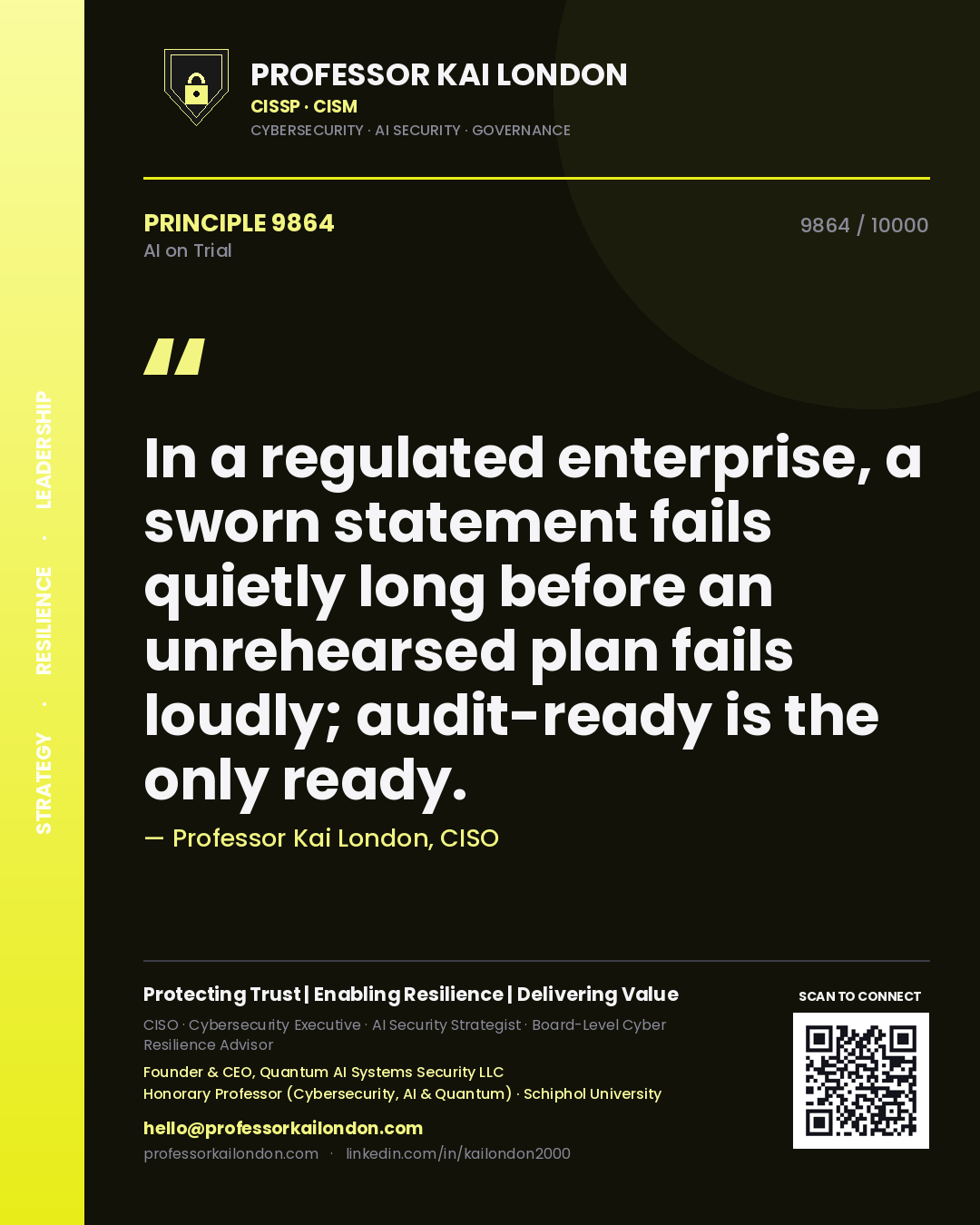 Professor Kai London principle 9864: In a regulated enterprise, a sworn statement fails quietly long before an unrehearsed plan fails loudly; audit-ready is the only ready.