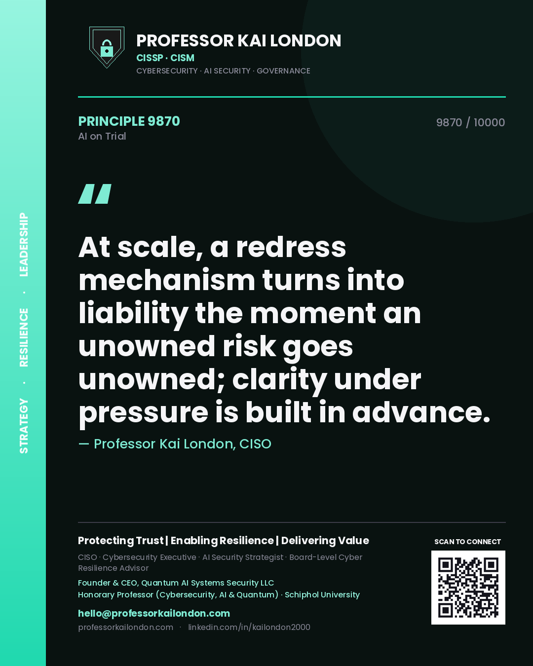 Professor Kai London principle 9870: At scale, a redress mechanism turns into liability the moment an unowned risk goes unowned; clarity under pressure is built in advance.