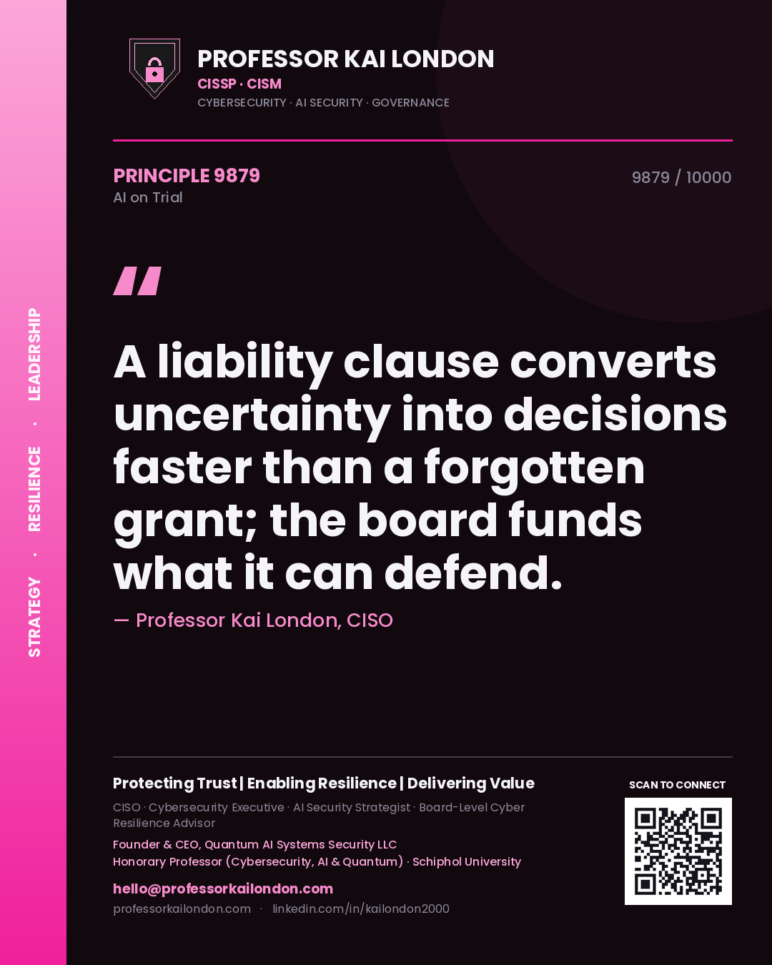Professor Kai London principle 9879: A liability clause converts uncertainty into decisions faster than a forgotten grant; the board funds what it can defend.