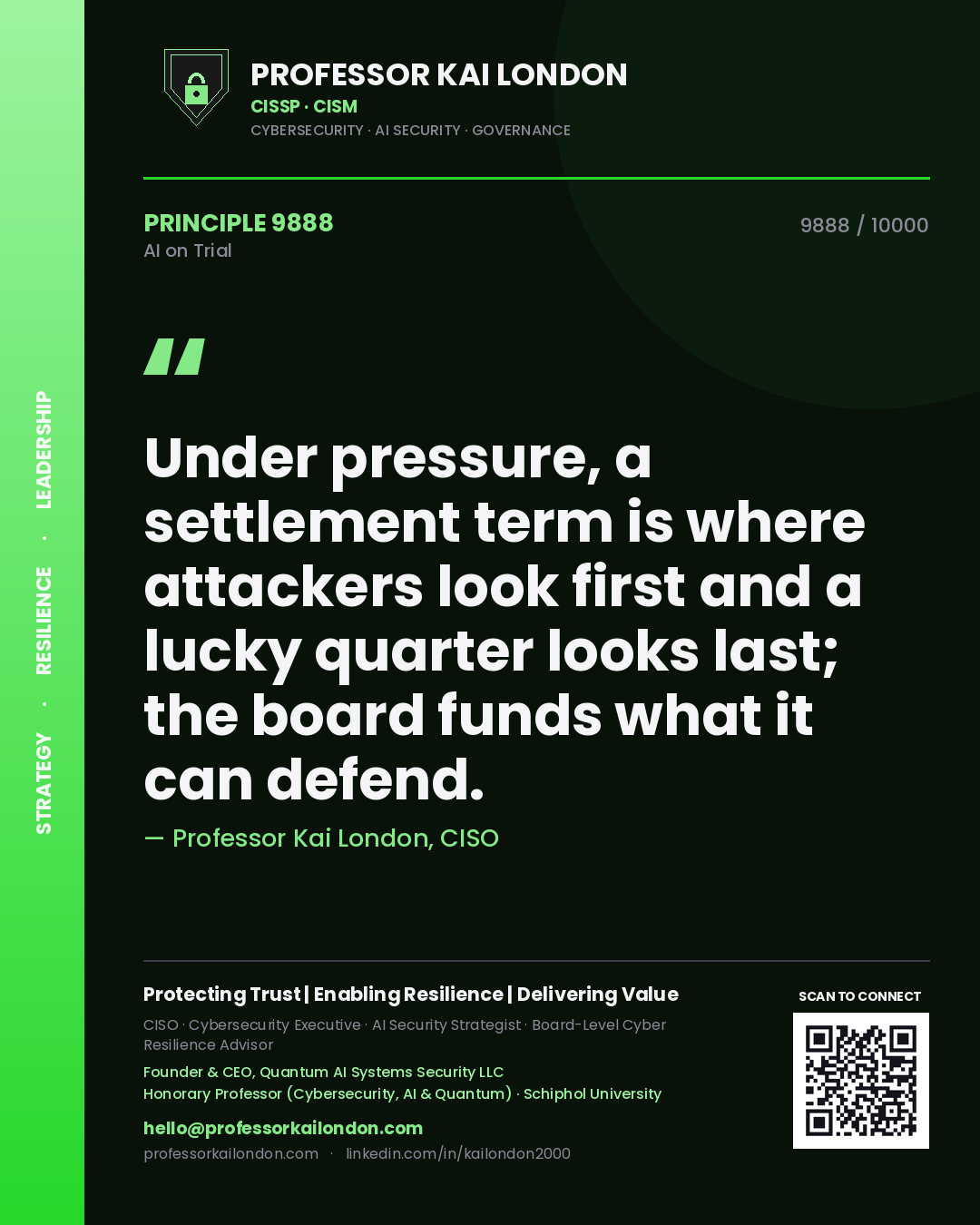 Professor Kai London principle 9888: Under pressure, a settlement term is where attackers look first and a lucky quarter looks last; the board funds what it can defend.