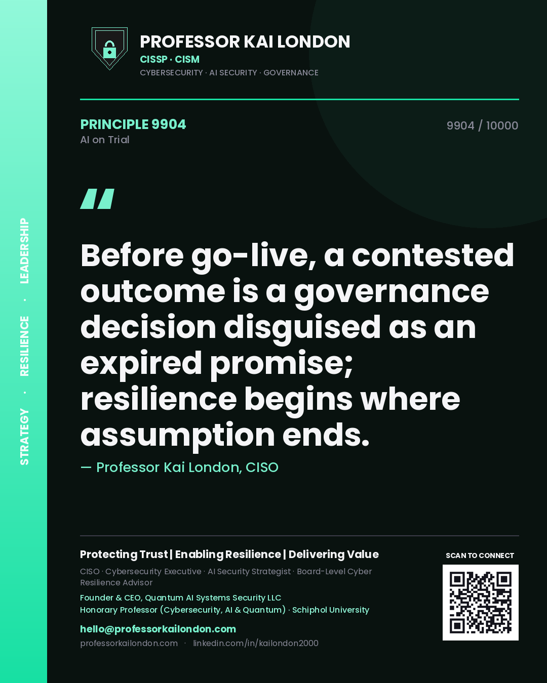 Professor Kai London principle 9904: Before go-live, a contested outcome is a governance decision disguised as an expired promise; resilience begins where assumption ends.